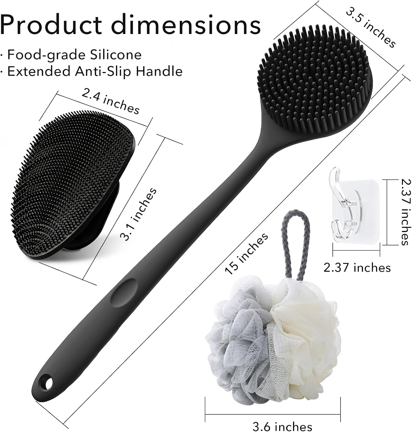 Silicone Back Scrubber for Shower, 15 inches Length Long Handle Double Sided Body Brush with Face Scrubber, Bath Sponges Mesh Balls, Adhesive Wall Hooks (Pink)