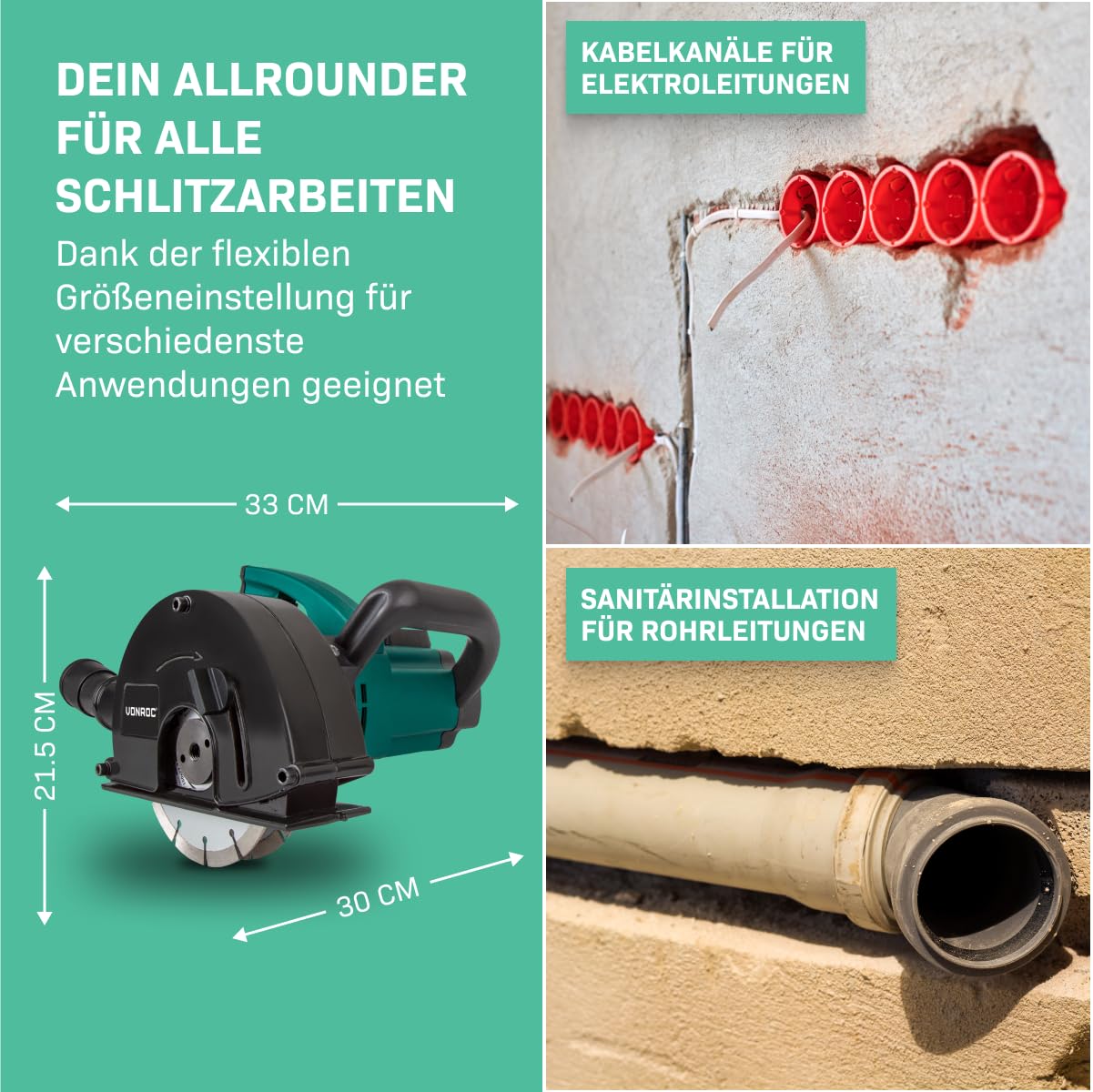 VONROC Mauernutfräse mit Absaugung [1700W] - Schlitzfräse Nutfräser für Kabelnut [14/19/29mm] - Schlitzmaschine 150mm mit Schnittiefe [4-40mm] inklusive 2 Diamantscheiben