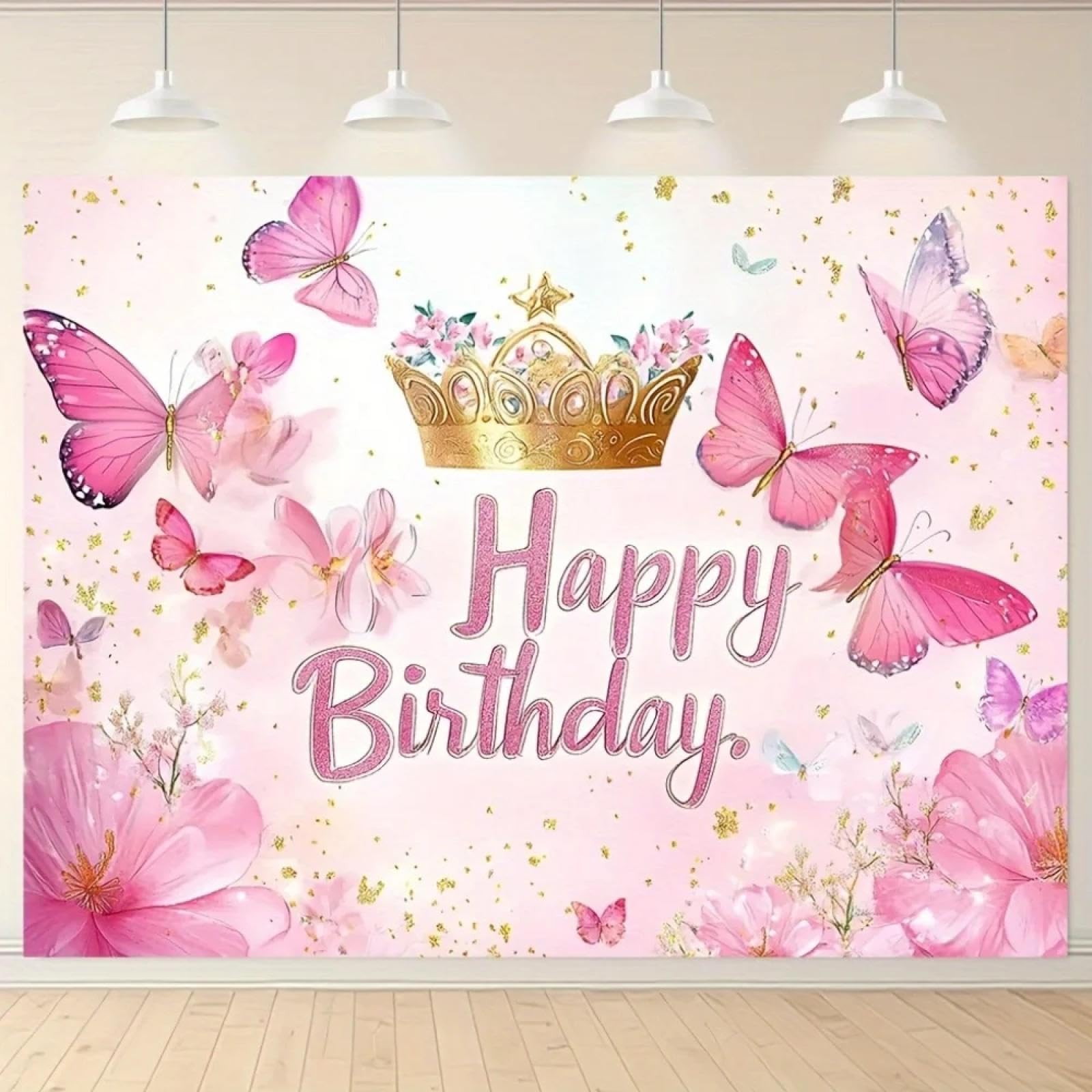 1 Geburtstagsdeko-Banner, Feenprinzessin, rosa Schmetterlinge und Girlande, passend für Geburtstagsfeiern – 300x200cm