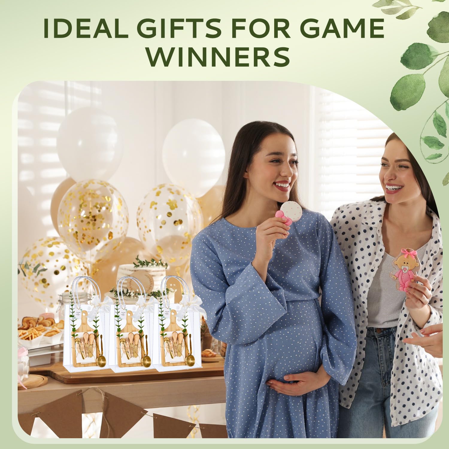 Juego de utensilios de acero inoxidable para los ganadores del juego para los ganadores del juego, tabla de queso, cuchara, cuchara, tarjeta de agradecimiento, bolsas de regalo para baby shower, boda