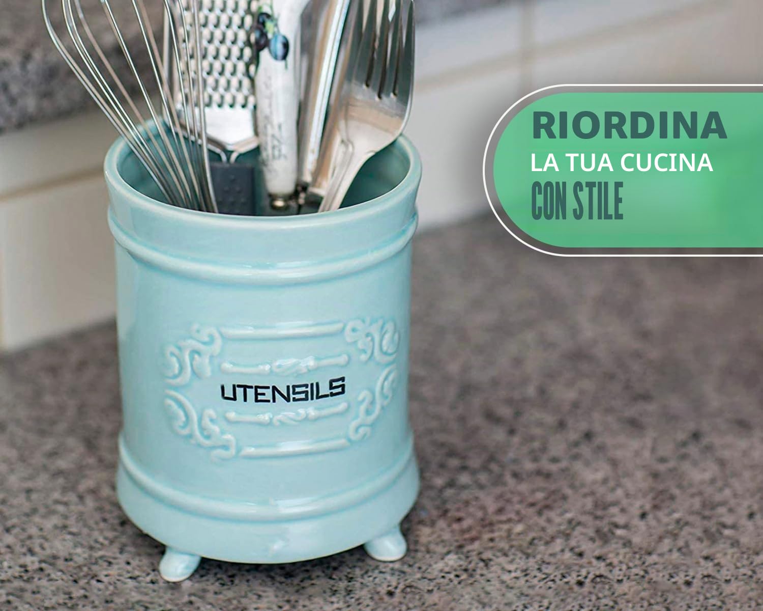 Comfify Portautensili in Ceramica Blu Francese - Organizer per Utensili in Stile Vintage e Design Antico - Rustico, per Gli Appassionati di Cucina