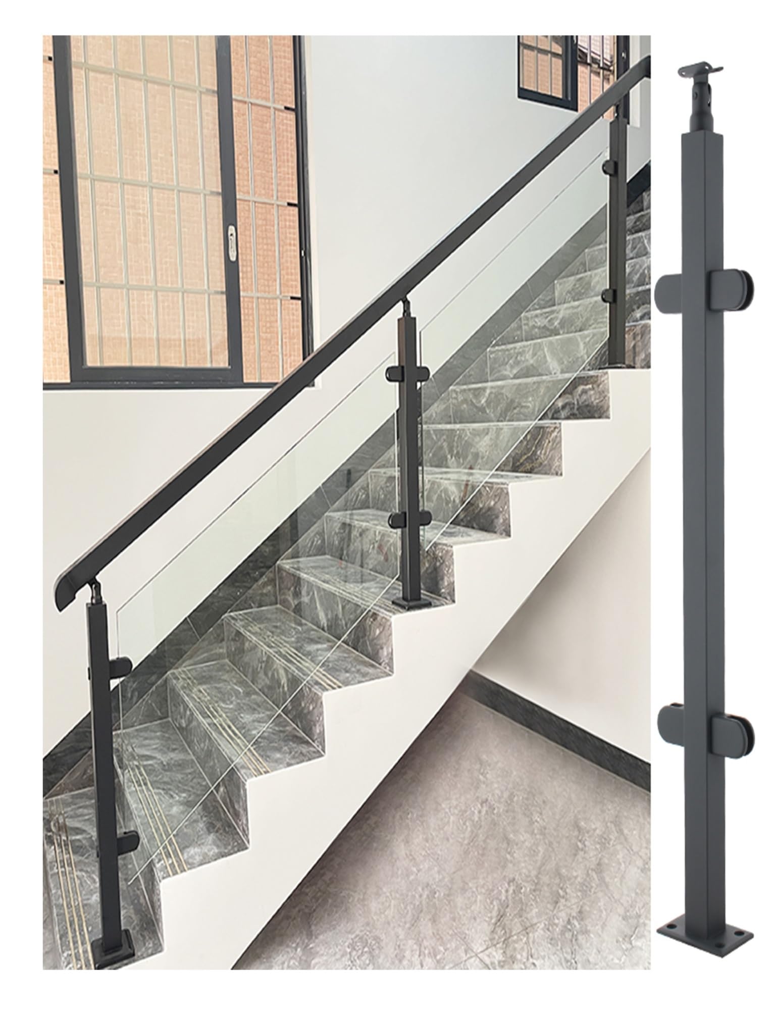 Balaustra in metallo in acciaio inox 304 per corrimano per scale con morsetto in vetro e gomme, altezza 85-105 cm