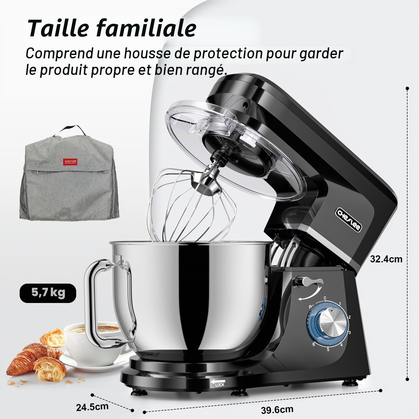 CHeflee Robot Pâtissier 2000W Robot de Cuisine 8 L Bol d'Acier Inoxydable,6 Vitesses avec Fonction Pulse avec Fouet Crochet Pétrisseur et Batteur,Housse anti-Poussière
