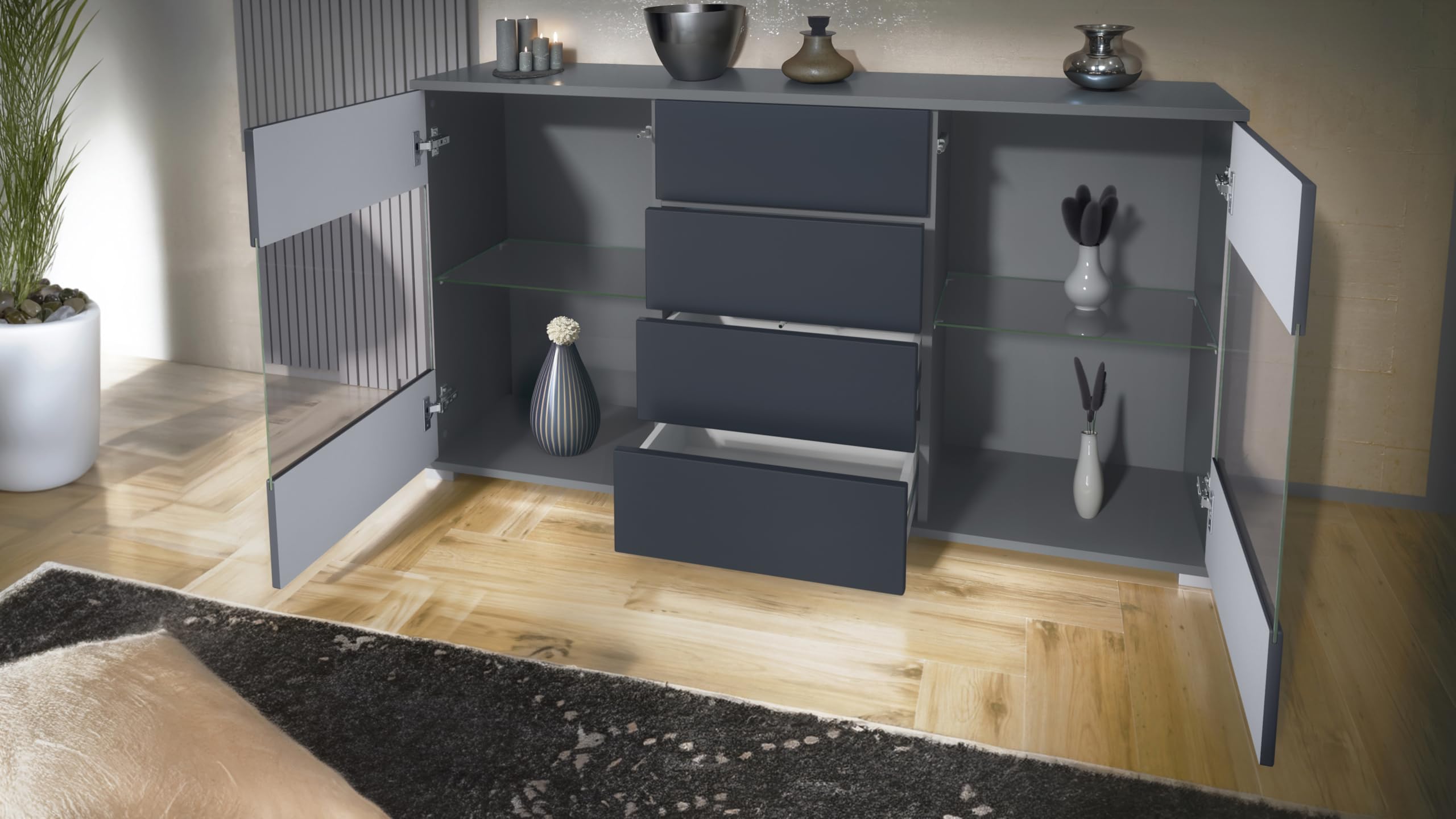 Vladon Sideboard Bari V1, Kommode mit 2 großen Türen und 4 Schubladen, Anthrazit matt/Grau Hochglanz (138,5 x 75,5 x 35)