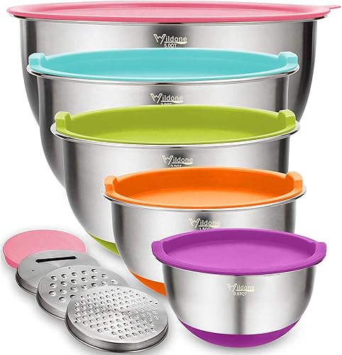 Wildone Juego de 5 tazones de mezcla de acero inoxidable con tapas coloridas, 3 accesorios para rallar, marcas de medición y parte inferior