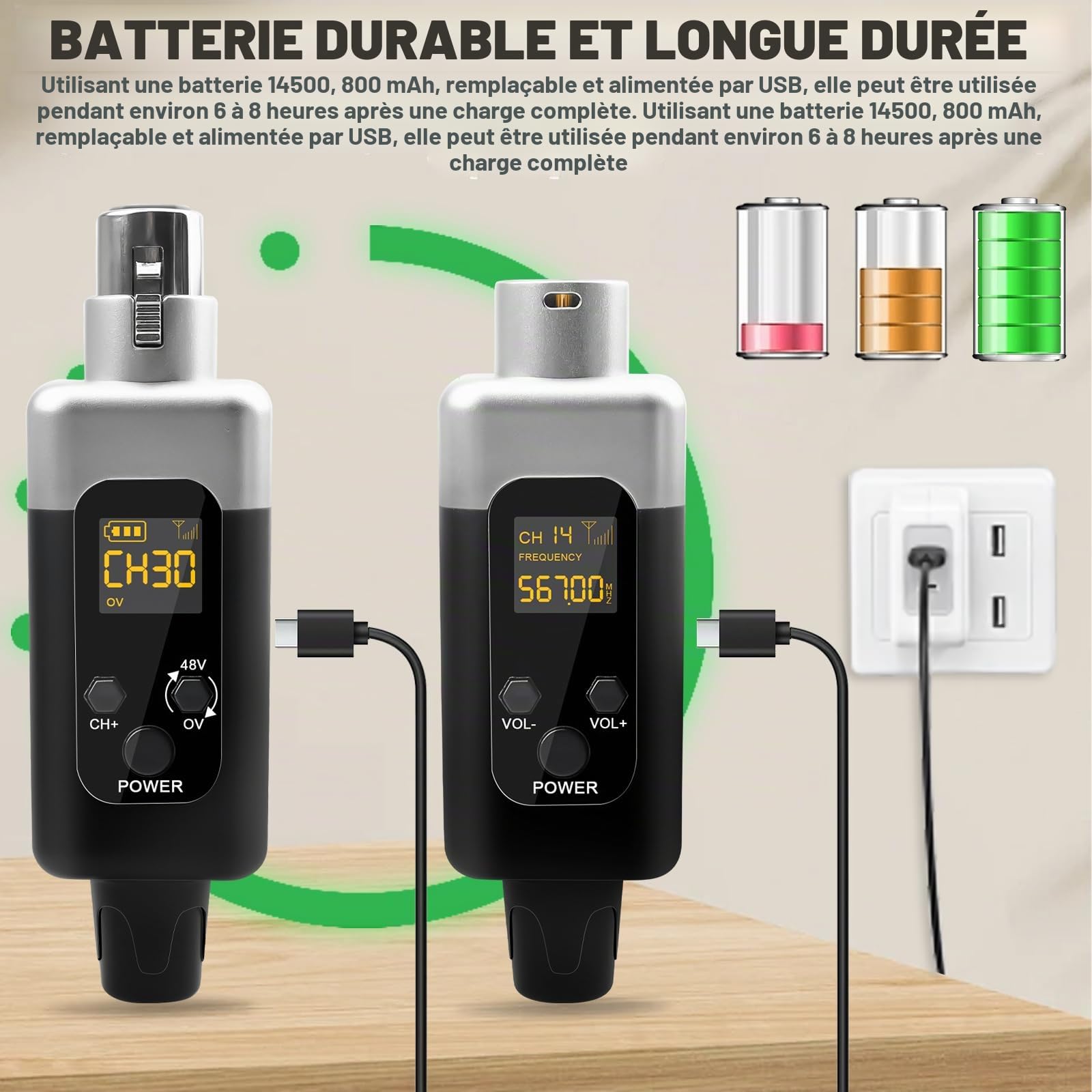 Émetteur récepteur de microphone, émetteur récepteur sans fil de microphone, adaptateur portable, adaptateur de microphone sans fil pour microphone à condensateur dynamique pour scène et