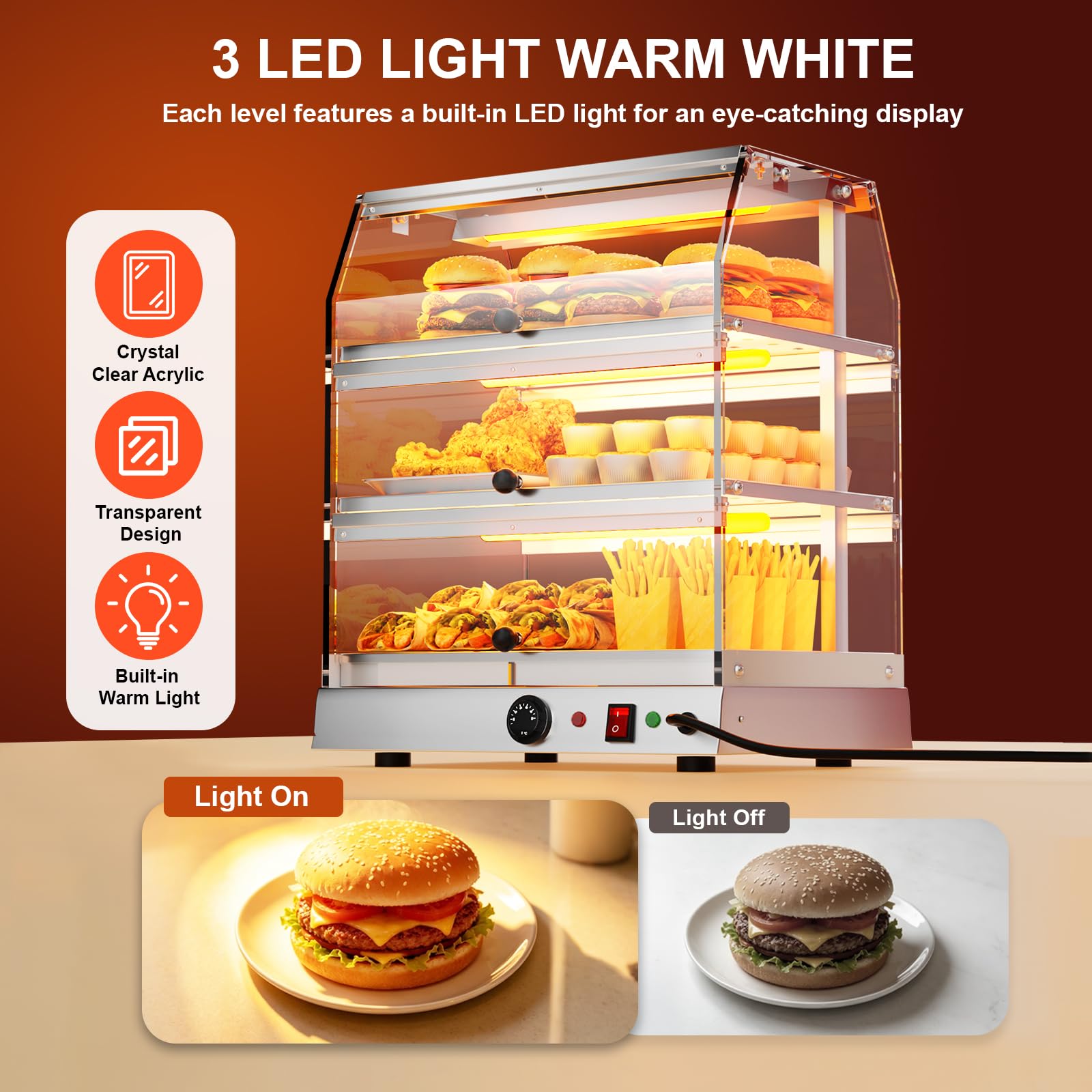 Exhibidor comercial de 3 niveles, vitrina de alimentos calientes de acero inoxidable con iluminación LED, temperatura ajustable de 30 a 85 °C, vitrina eléctrica calentada para hamburguesas