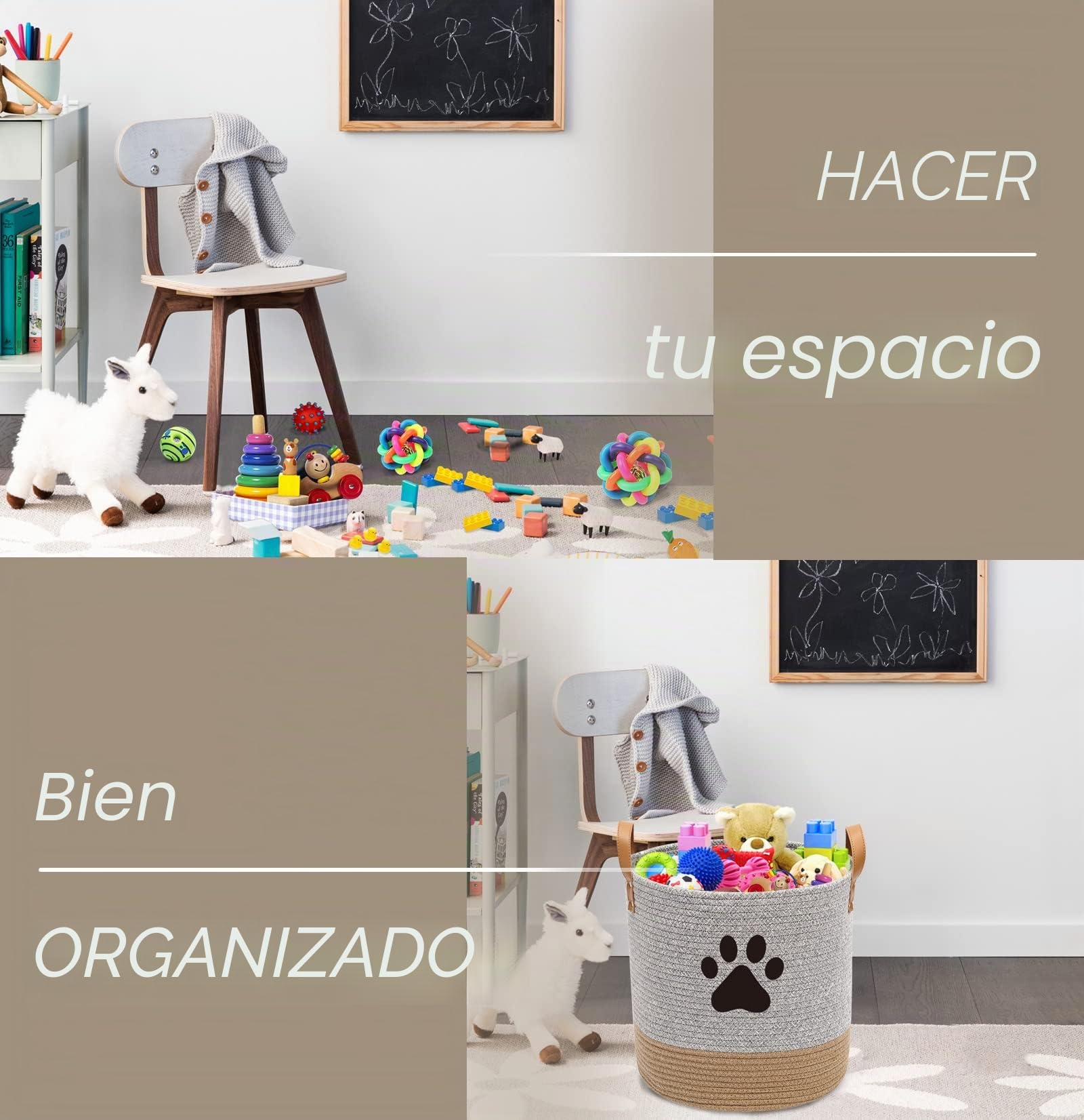 MOREZI canasta redonda grande para juguetes para mascotas, adecuada para guardar juguetes para perros y otros suministros para mascotas-Gris/Caqui