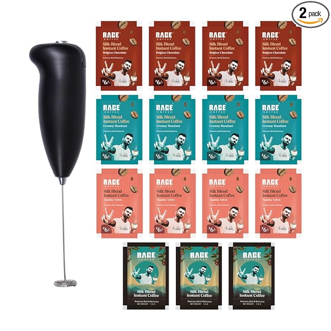 Rage Coffee – Silk Blend Assorted Sachets & Frother Coffee Kit Combo (15 X 1.5 Gram Sachets) | 3 Classic, 4 Creamy Hazelnut, 4 Vanilla Velvet & 4 Belgian Chocolate Flavours & Beater)| Hot & Cold Coffee at Rs. 199