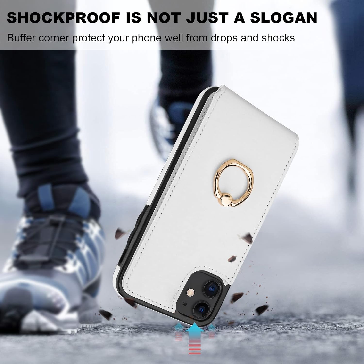 Folosu Compatible with iPhone 11 Case Wallet with Card Holder, 360°Rotation Finger Ring Holder Kickstand Protective RFID Blocking PU Leather Double Buttons Flip Shockproof Cover 6.1 Inch White