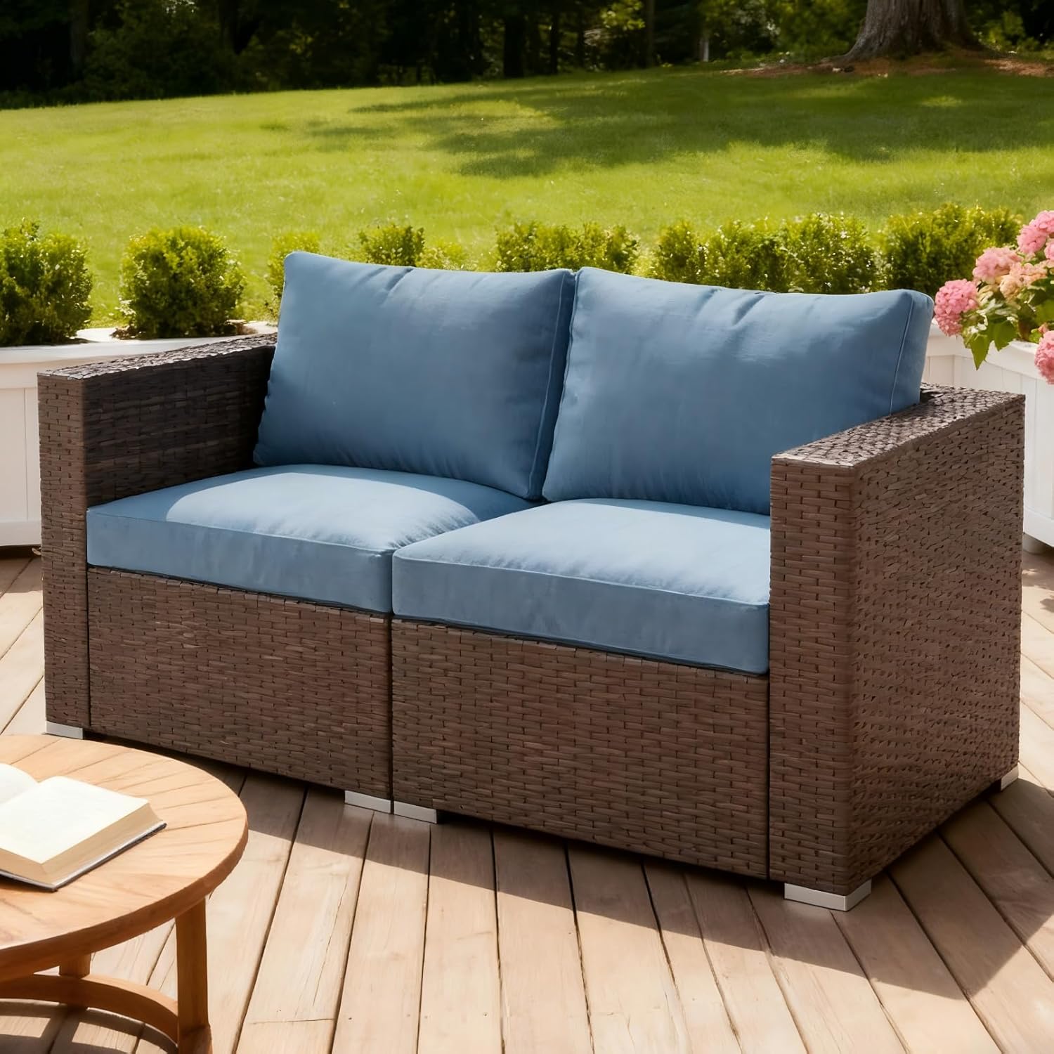 Wisteria Lane 2-Piece Wicker Patio Sectional Couch Set with Washable Cushions, All-Weather Oversized Outdoor Furniture for Garden Poolside Backyard, Blue
