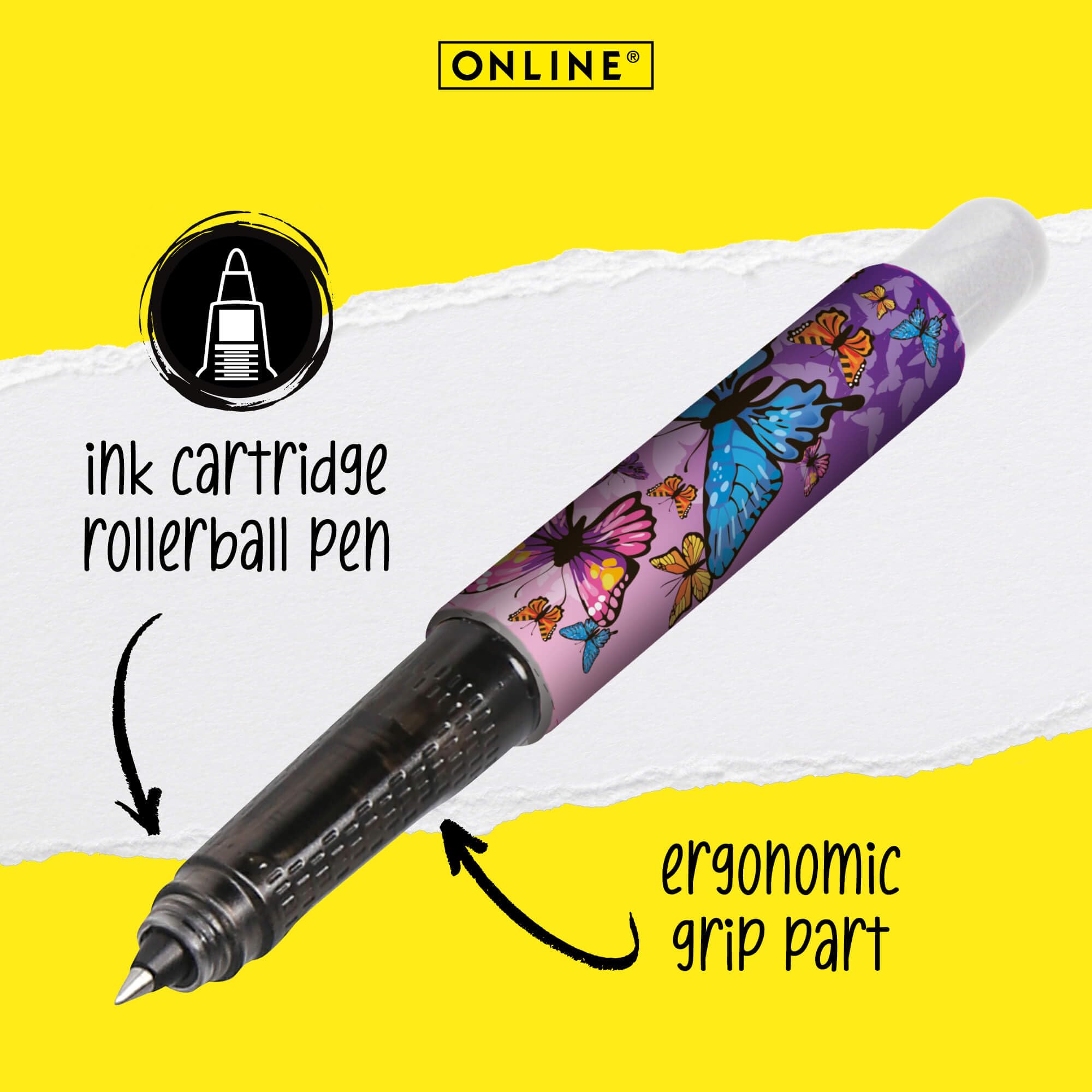 Online ergonomic rollerball pen Butterfly for school & college │ grip part for left- and right-handed │ for standard ink cartridges refillable │ pens for beginners pupils - Image 2