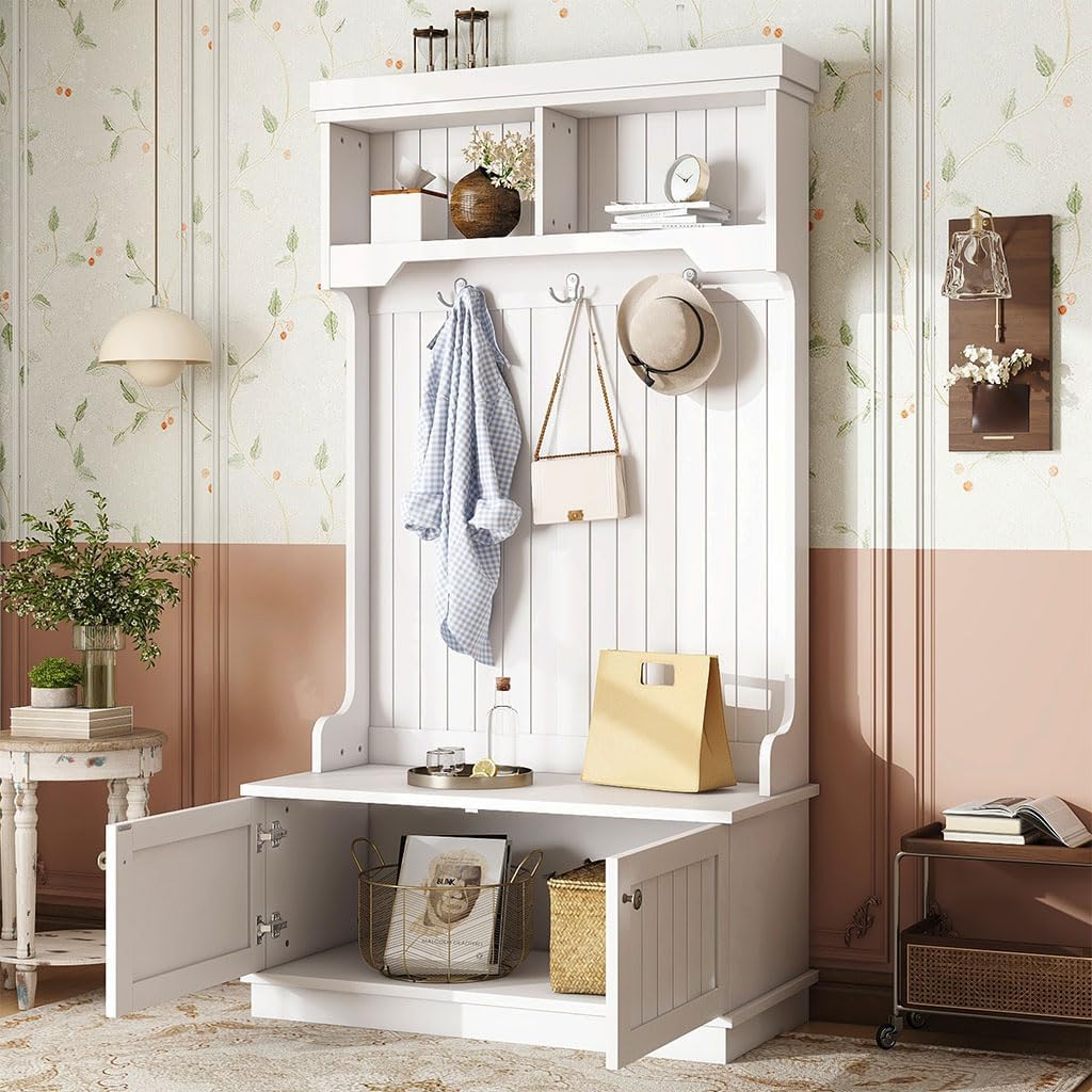 Hall Tree, Modern 4-in-1 Storage Hall Tree with Bench, Multi-Purpose Home Organizer with Coat Rack and Hooks, Entryway Coat Rack for Living Room, Hallway,White