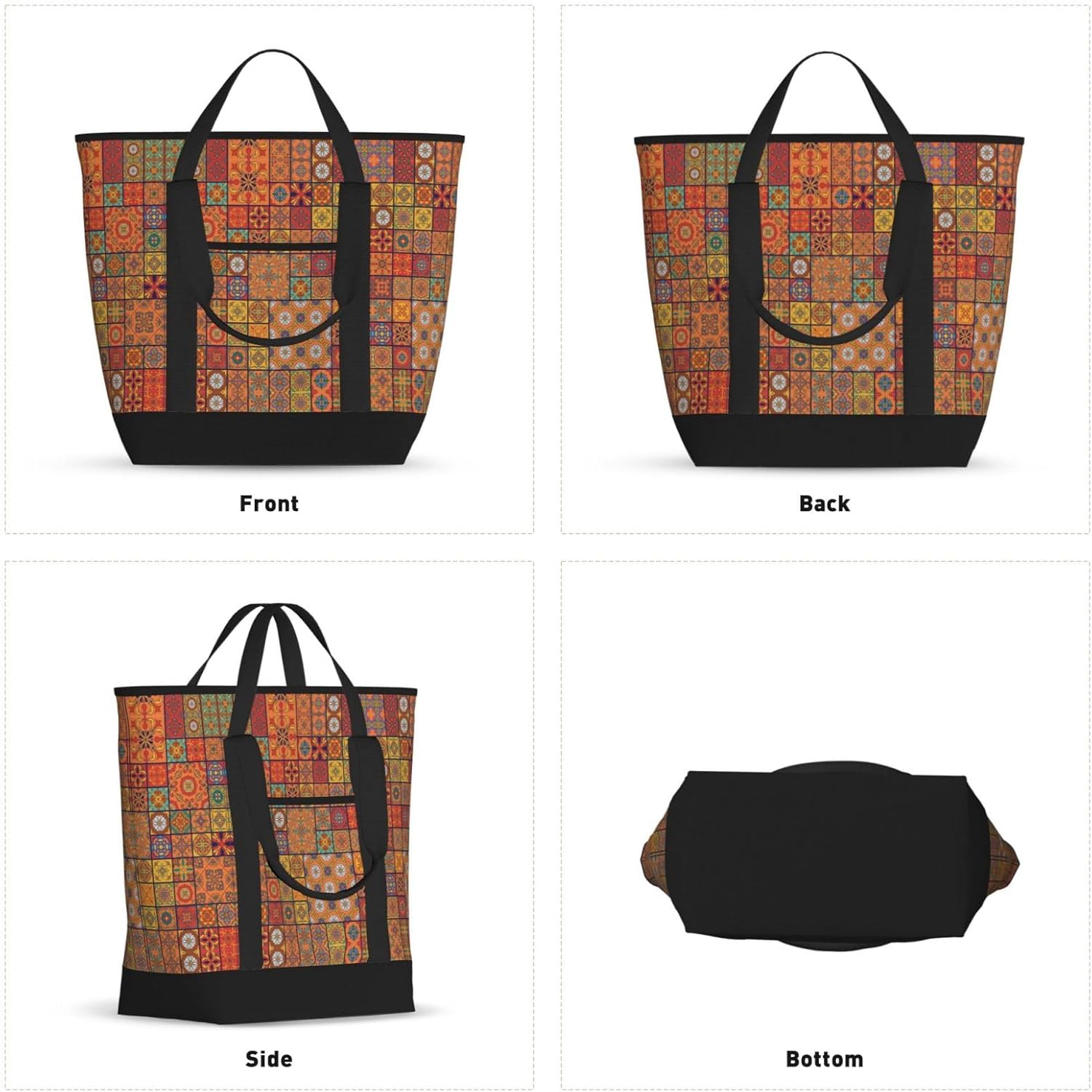 Group Of Moroccan Geometric Print Large Cooler Bag Tote Bag,Reusable Grocery Bag,Lunch Box Bag, For Picnic Beach Camping