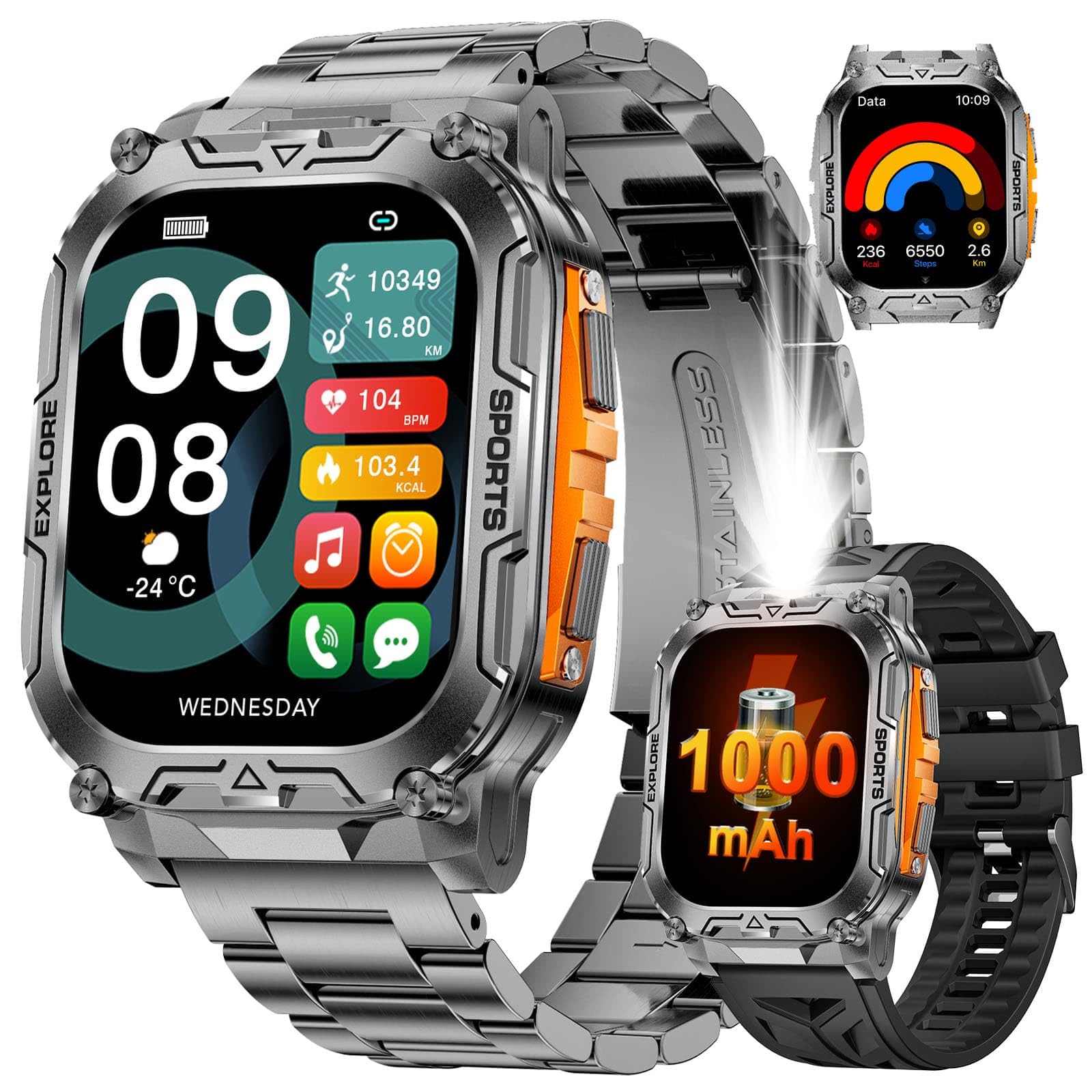 SUNKTA Reloj Inteligente Hombre con 1000mAh Batería y Linterna, Negro | 2.01" HD Smartwatch Militar con IP68 Impermeable, 110 Modos Deportivos, 24/7 Pulsómetro/Oxímetro/Sueño/Android iOS