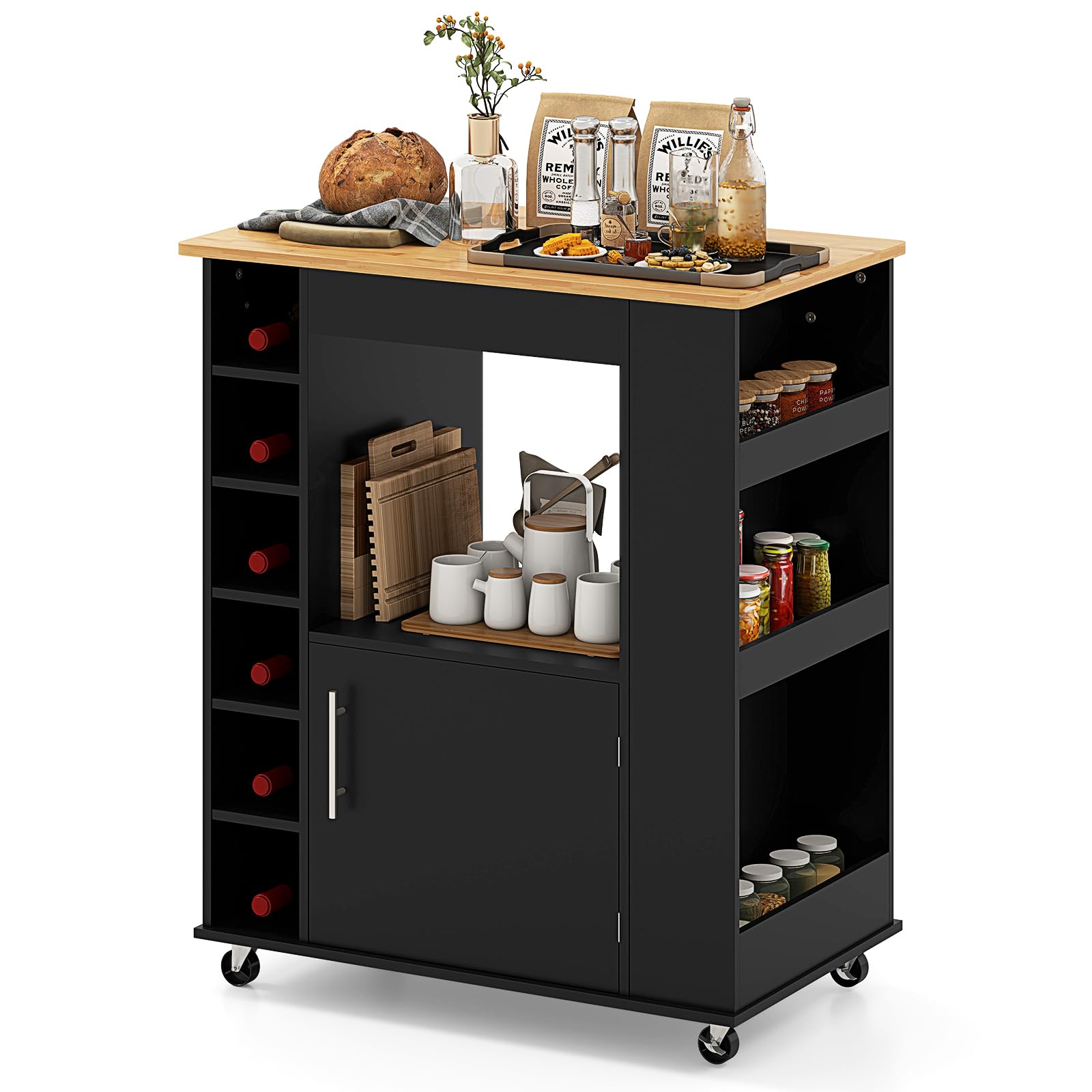 TANGZON Kitchen Storage Trolley on Wheels, Rolling Kitchen Island with Cabinet, Open Shelf, 6 Wine Holders, Bamboo Worktop, 3 Spice Racks & Towel Rack, Dining Room Utility Serving Cart (Black+Natural)