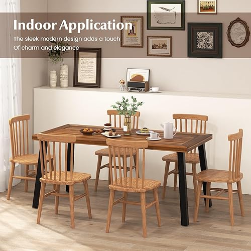 Miniatura 5 de Tangkula Mesa de comedor de madera de acacia para exteriores con agujero para paraguas, moderna mesa de patio con patas de acero con acabado