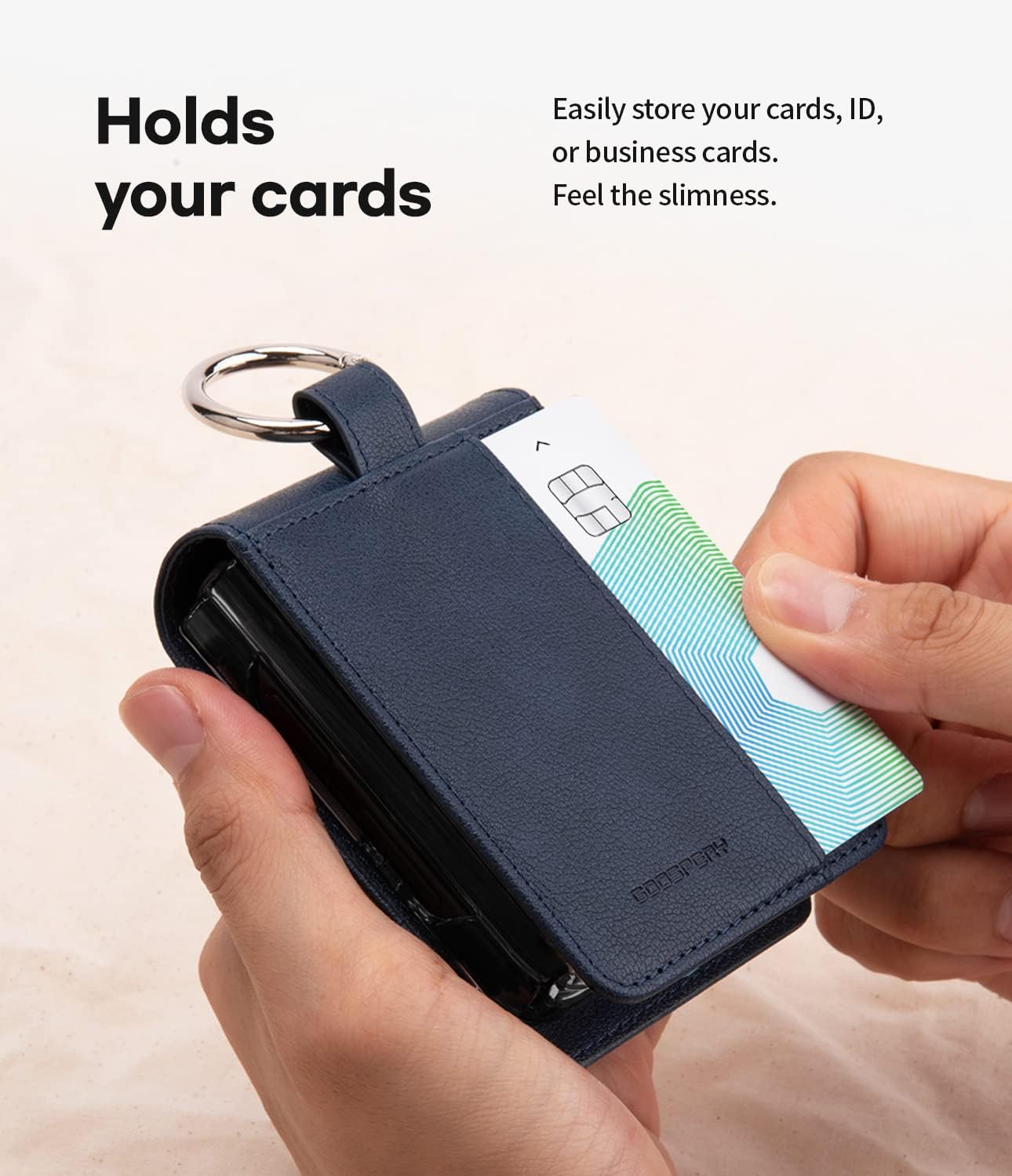 GOOSPERY Card Wallet Ring Case Compatible with Galaxy Z Flip 4 Case, Card Holder Pocket Storage Premium PU Leather Key Ring Wallet Cover, Navy