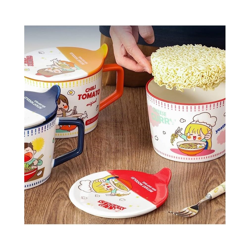lachineuse - Instant-Nudelschüssel - Japanische Ramen- und chinesische Nudelschüssel - Mit Besteck und Deckel - Frühstücksschüssel, Suppe, Reis - Japan-China-Geschenkidee - Cup-Nudeln - Blau