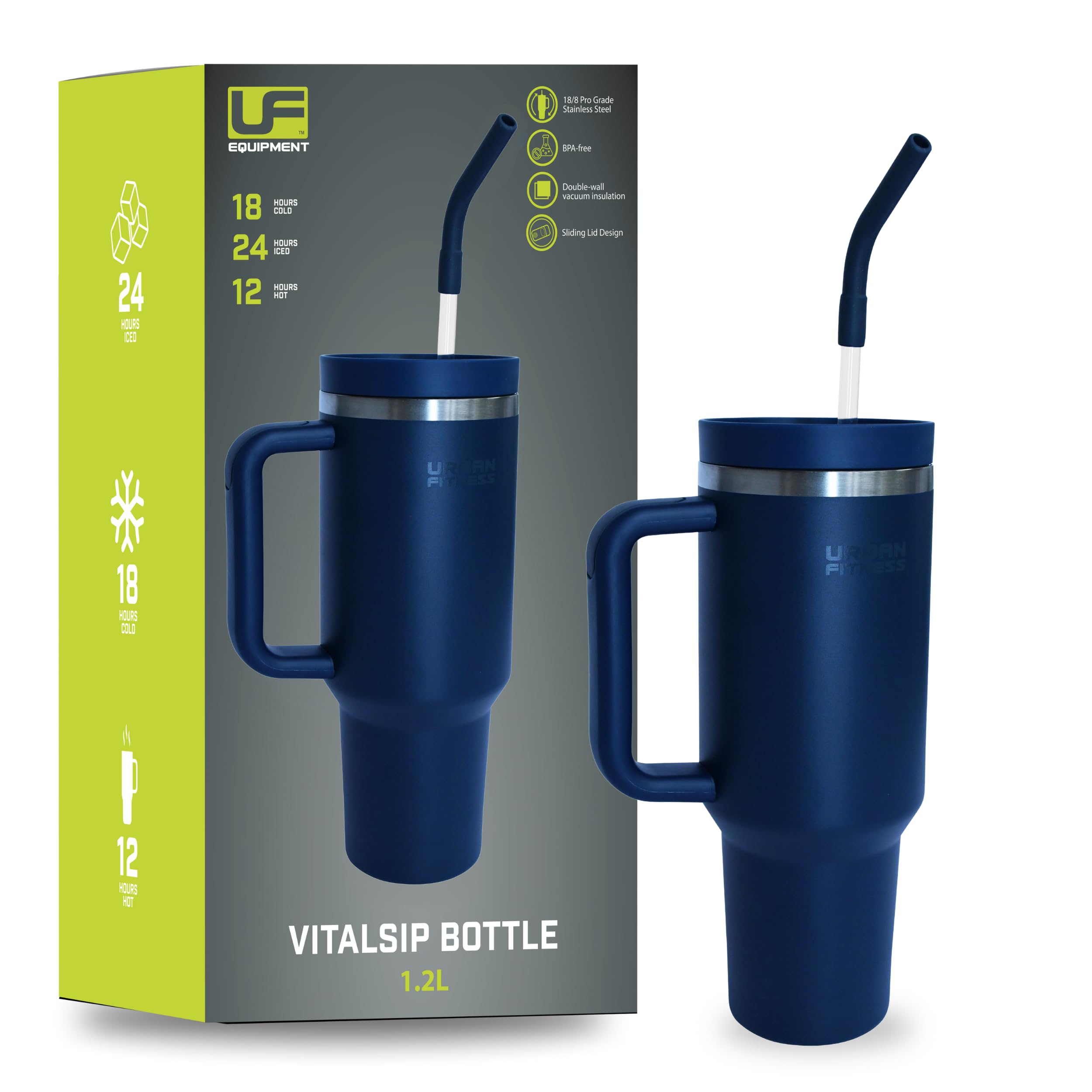 Urban Fitness VitalSip V2 Bottle, 1200ml 40oz, Insulated Stainless Steel, Sliding Lid with Straw, BPA-Free, Hot 12 Hours & Cold 18 Hour, Drink Tumbler, Navy