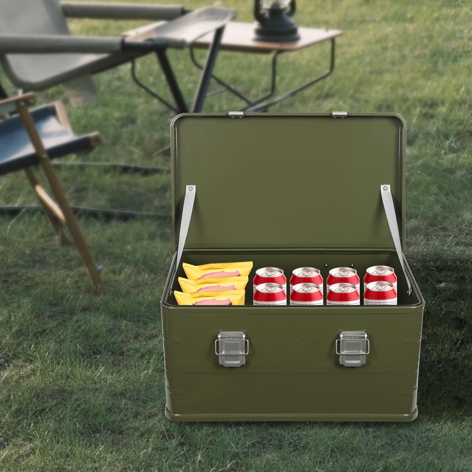 Caja de almacenamiento para camping, de aleación de aluminio, 50 L, apilable, caja de herramientas con tapa, 57,5 x 37,5 x 27,3 cm, para viajes al aire libre, camping, familia y exteriores