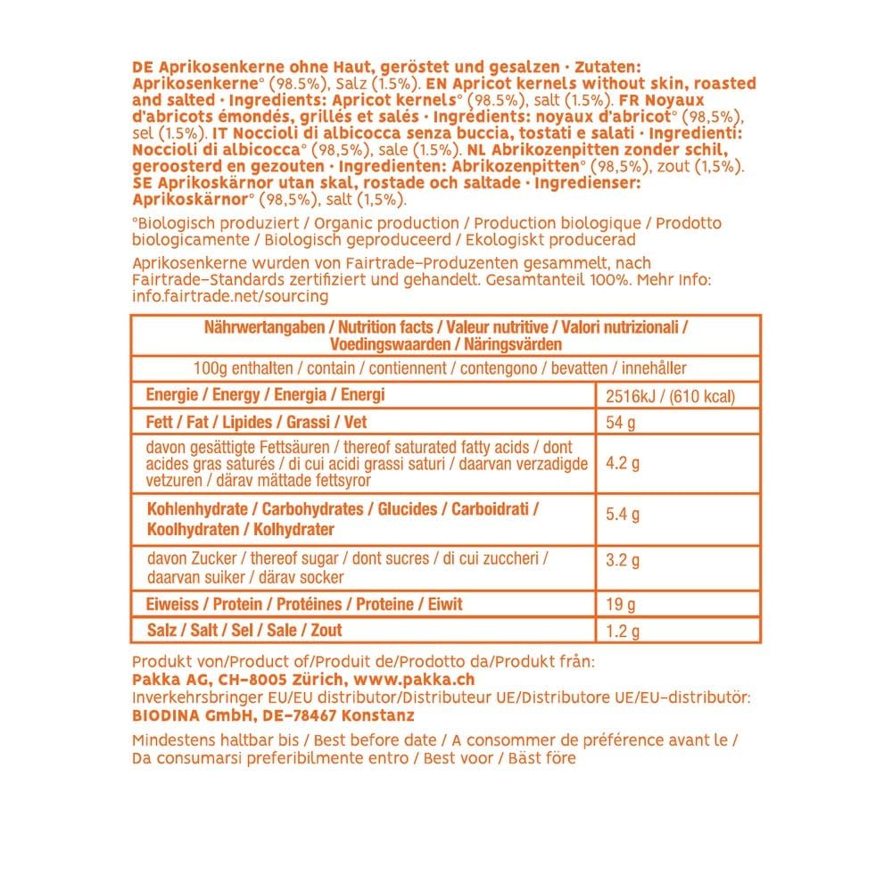 PAKKA Mandorle di Albicocca Premium Bio Fairtrade Tostate e Salate 700 g – Deamarizzate, Vegan, Origine Uzbekistan, Confezionate dal Produttore