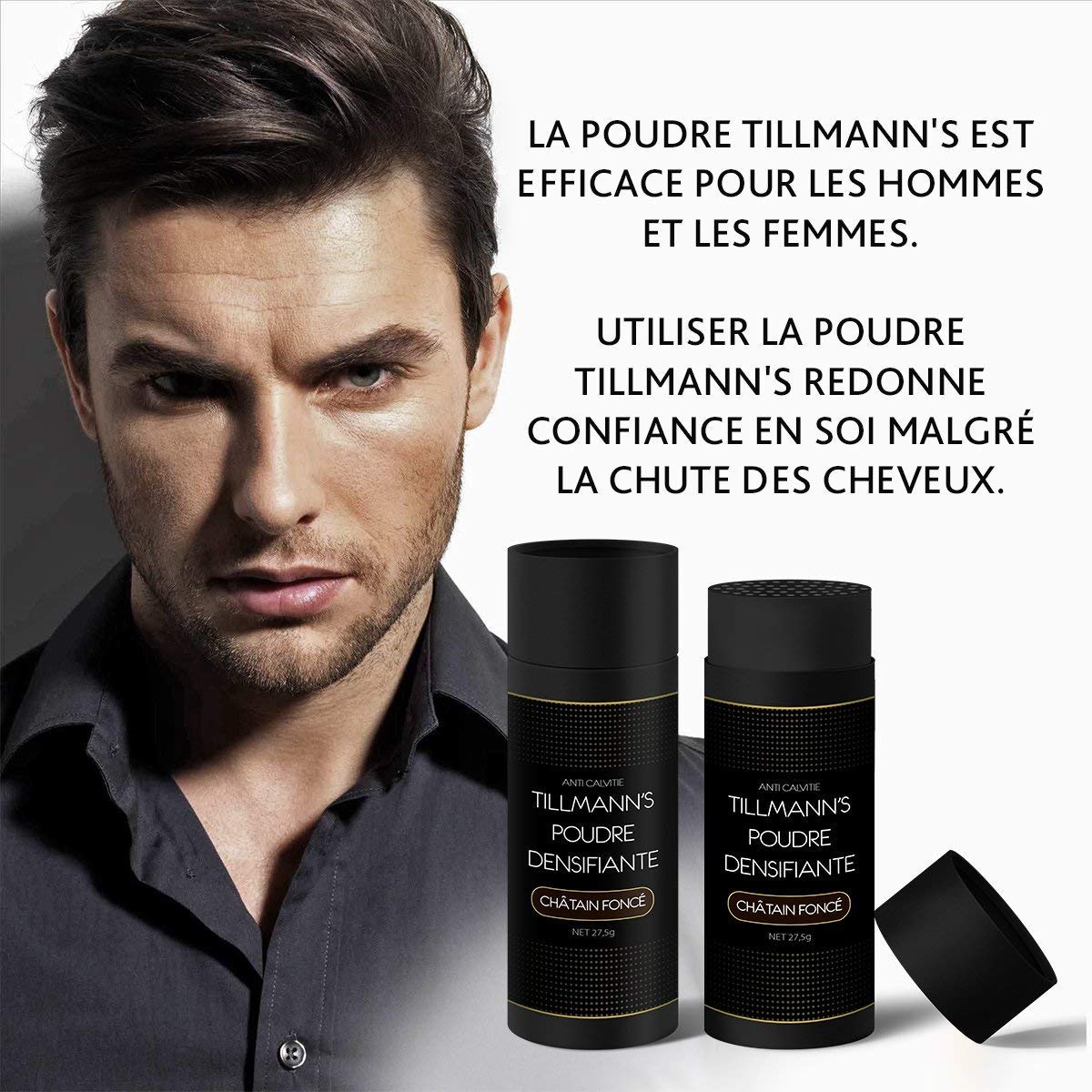 Tillmann's Poudre Cheveux Homme et Femme - Poudre Densifiante Barbe | Fibres Capillaires 27,5G - Châtain Foncé-Brun (2 Bouteilles)