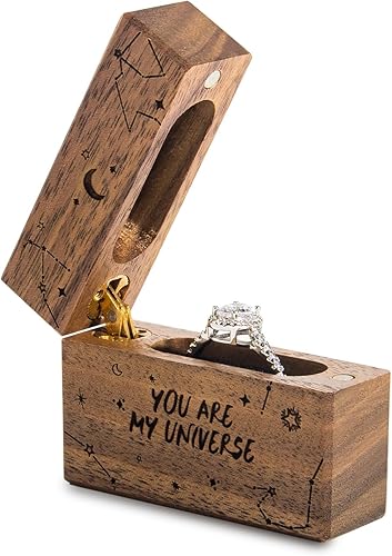 Miniatura 2 de Caja de anillo de compromiso de madera, pequeña funda plana delgada para propuesta, boda (You are my universe)