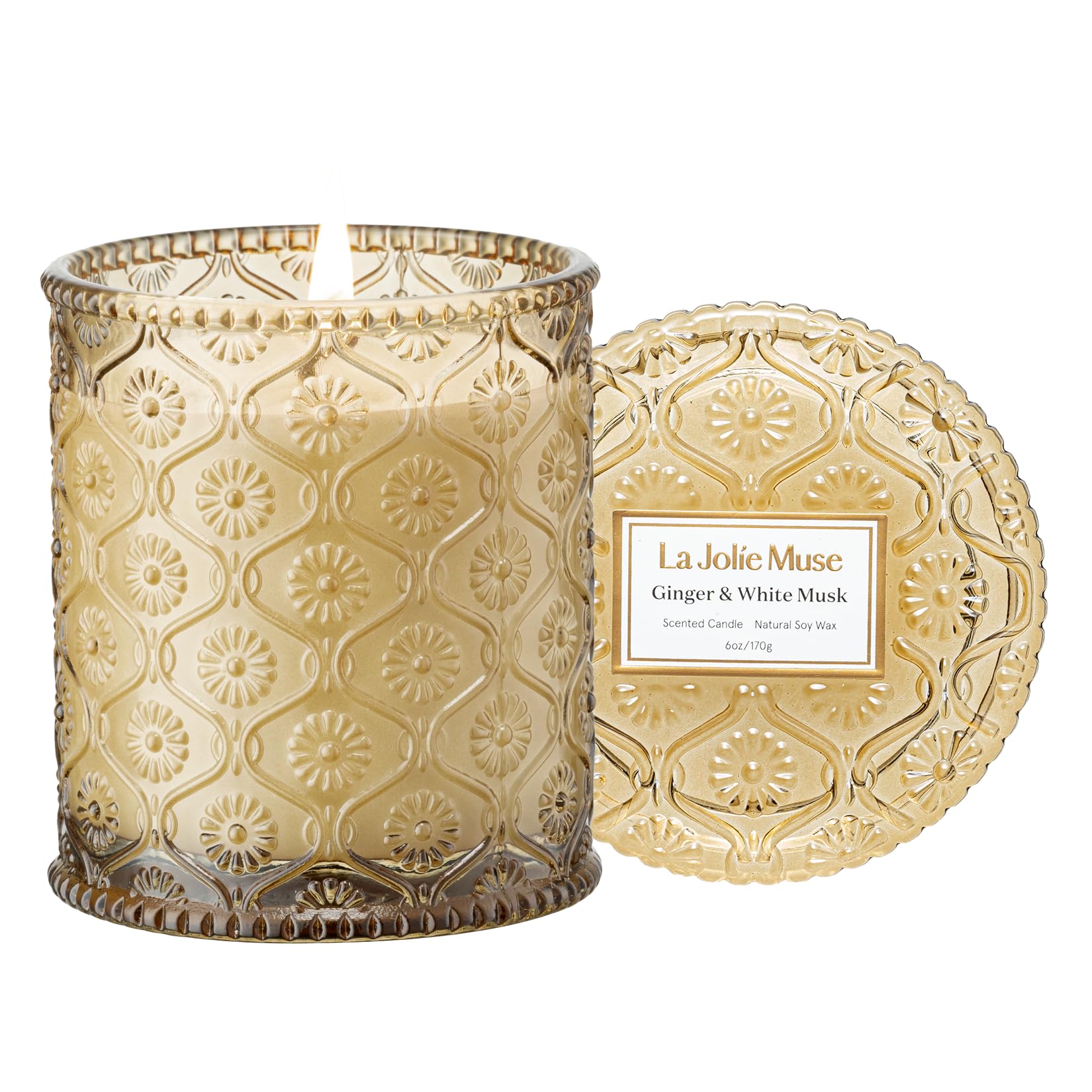 LA JOLIE MUSE Ginger & White Musk Candles | Ginger, Lemongrass & Musk | 6 oz Soy Candle | Natural Soy Wax | 40 Hours Clean Burn | Gift-Ready for Hosts & Gathering | Seasonal Home Décor