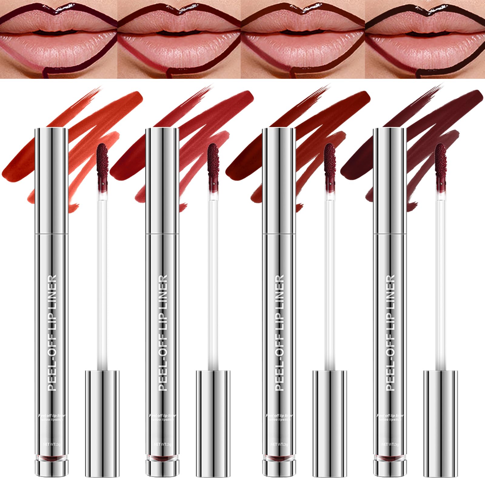 4Pcs Peel Off Lip Liner Set - Long-Lasting 24H Smudge-Proof & Waterproof Lip Stain, 4 Nude Matte Shades for Full Coverage, Non-Fading Lip Tint, Effortless Precision Makeup, Gifts for Girls & Women | Moisturizing, Matte Finish, Nourishing