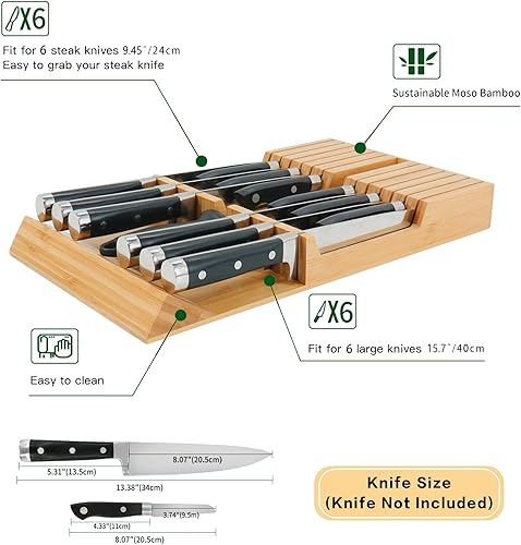 Miniatura 3 de Utoplike in-Drawer Knife Block Bamboo Kitchen Knife Drawer Organizer, Handle Steak Knife Holder Without Knives, Fit for 12 Knives and 1 Sharpening