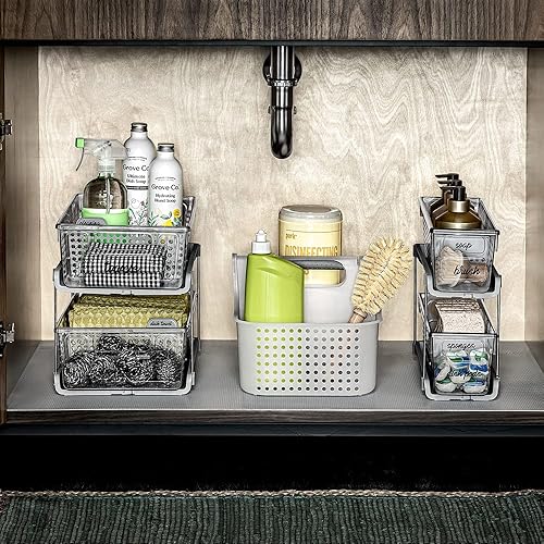 Miniatura 3 de madesmart Mini organizador de 2 niveles, almacenamiento deslizante multiusos con asas para el hogar y el baño, carbono, paquete de 4
