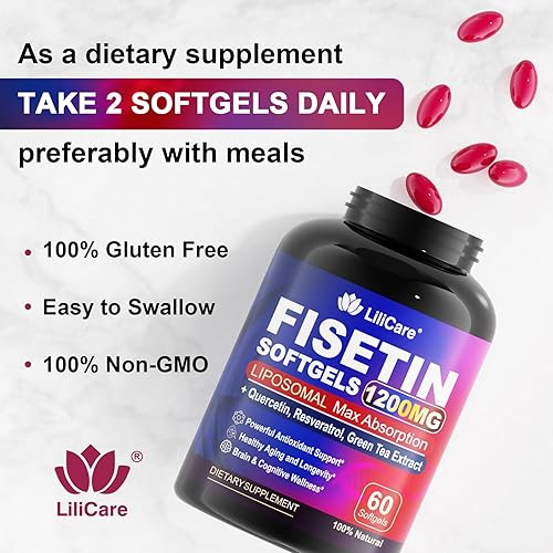 Miniatura 8 de Suplemento de fisetina - Super absorción liposomal 98% pura 1200 mg con quercetina, resveratrol, extracto de té verde para un envejecimiento