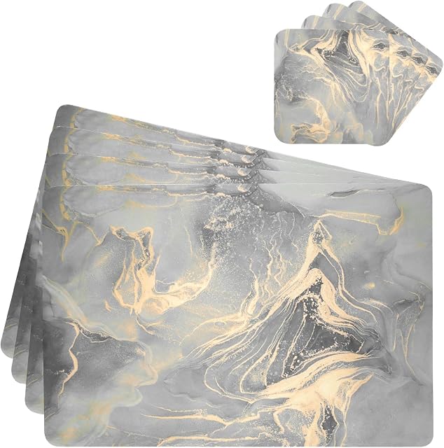 Mnsruu Leather Placemats and Coaster Gray Marble Swirl Golden Agate Placemats and Coaster Sets 4 Waterproof Table Mats Non-slip Heat Insulation Outdoor Placemats with Coasters