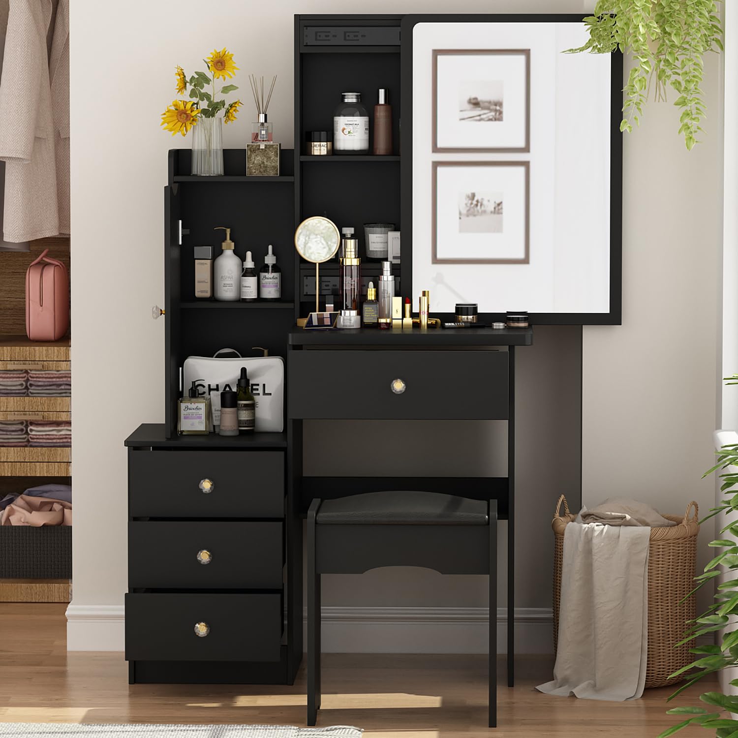Small Vanity Table Makeup Vanity Dressing Table with Mirror, 4 Drawers & Shelves, Dressing Desk and Cushioned Stool Set (Black, Slidding Mirror, No Light)