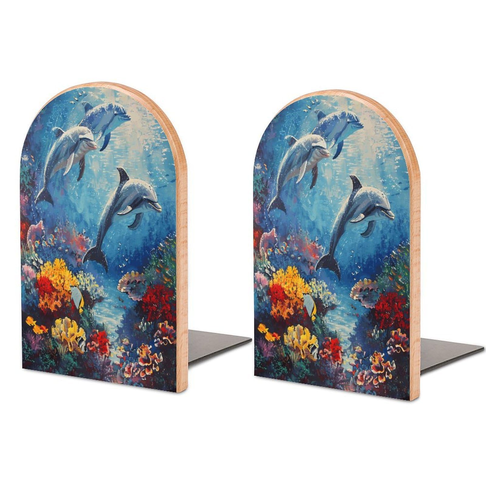 Seabed Coral Fish Dolphins Bookend for Shelves Non-Skid Book Holder Modern Heavy Duty Bookend Stopper Metal Base Wood Book End Books Shelf Holder Home Decorative 1pair 5x3.9x3.1