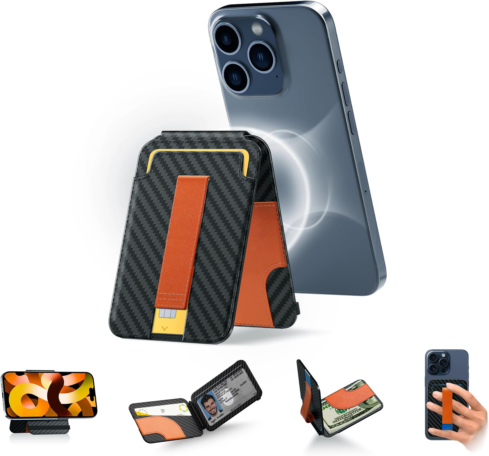 for MagSafe Wallet, Magnetic Phone Wallet with Adjustable Stand,Secure-Grip, ID Window, Card Holder Slim for iPhone 15/14/13/12 Series, Not for iPhone 13/12 Mini, Fit Card & Cash(Carbon Fiber)