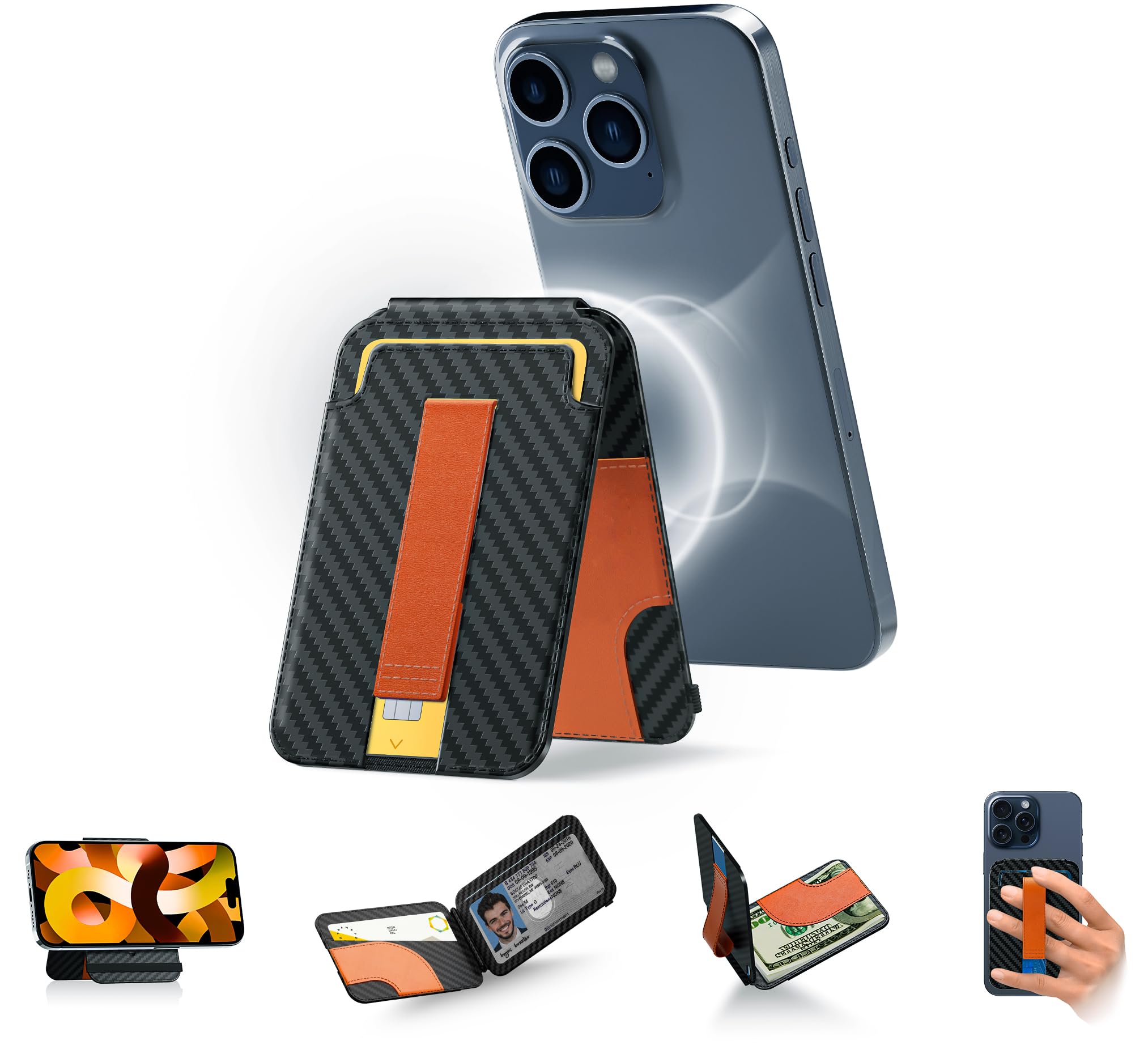 for MagSafe Wallet, Magnetic Phone Wallet with Adjustable Stand,Secure-Grip, ID Window, Card Holder Slim for iPhone 15/14/13/12 Series, Not for iPhone 13/12 Mini, Fit Card & Cash(Carbon Fiber)