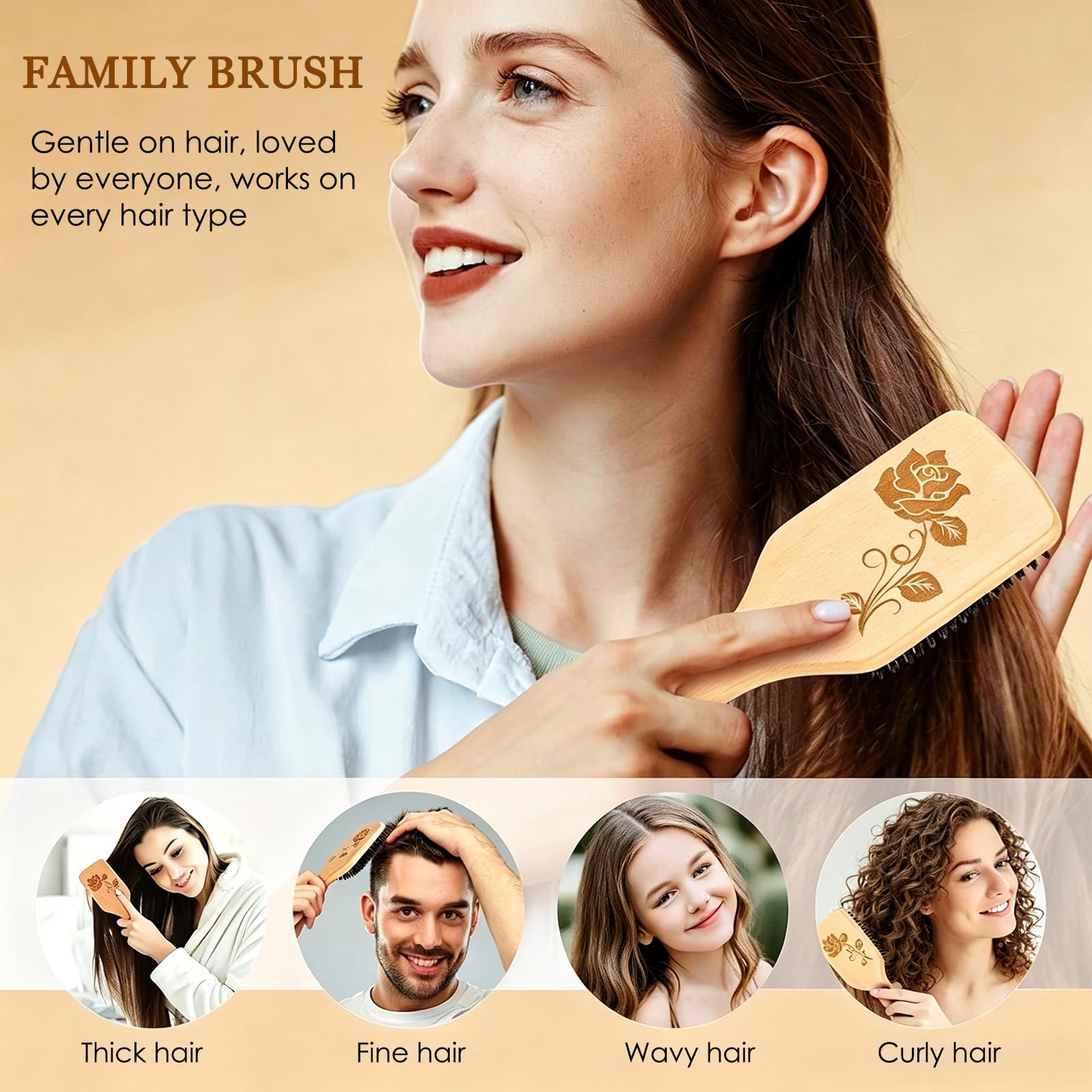 Bsisme Hair Brush-Boar Bristle Hairbrush with Detangling Pins Wooden Paddle Detangler Hairbrush for Women Men Reduce Frizz Dry Restore Natural Shine