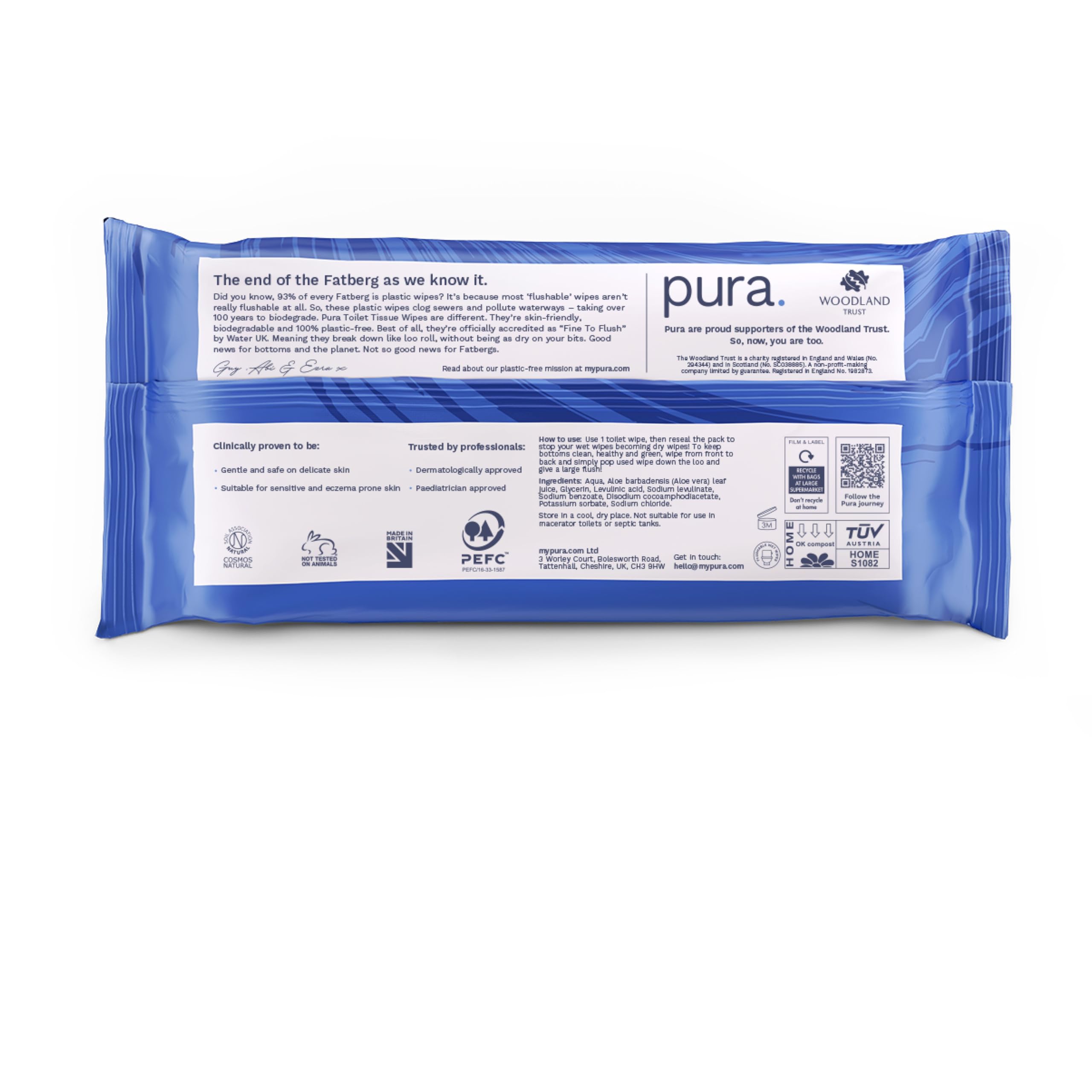 Pura Carta Igienica Umidificata, 40 Salviette (Confezione da 1), Salviette per la Pulizia Della Pelle Sensibile, Certificate 'Fine to Flush', Completamente Prive di Plastica, Biodegradabili
