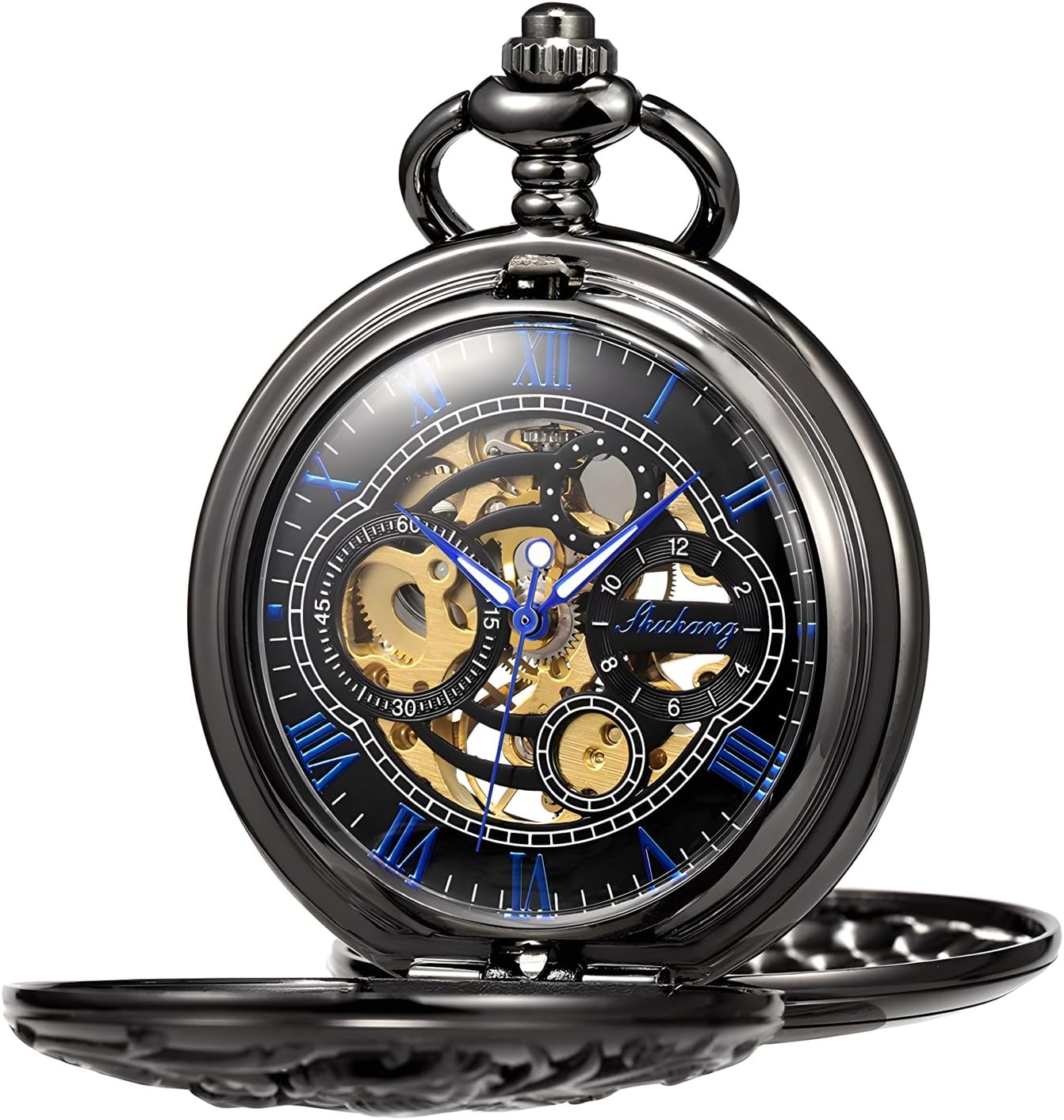 Carrie Hughes Mens Mechanical Pocket Watch with Chain Lucky Dragon Steampunk Skeleton Hunter Double Open in Box CHPW10B