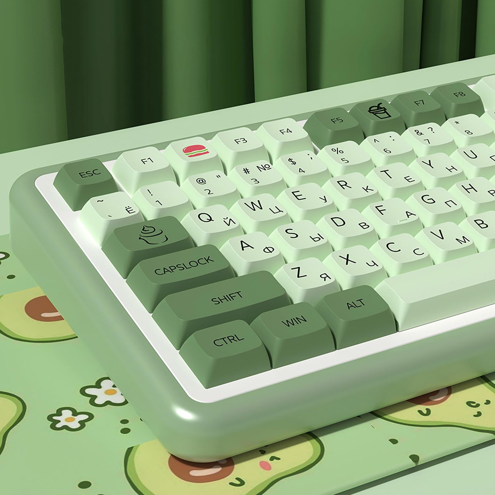 Touches Matcha PBT 139 Touches Vertes Jeu de Touches de Jeu Profil XDA Touches Mignonnes Touches personnalisées Disposition ANSI Dye-Sub pour claviers mécaniques,Russian