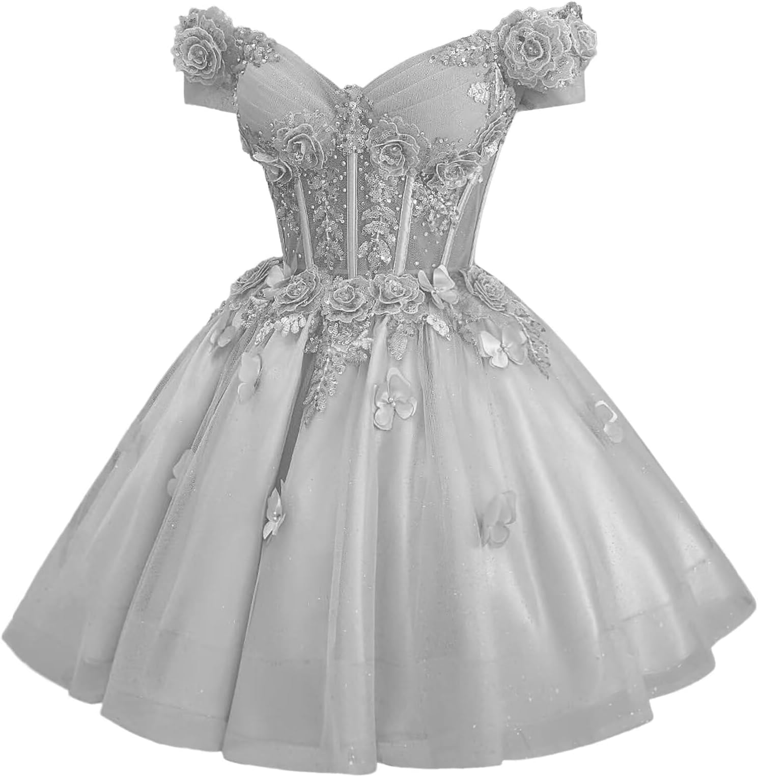 3D Butterfly Homecoming Dresses for Teens Sparkly Short Tulle Prom Dress Off Shoulder Lace DAMA Dress for Quinceanera