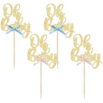 Gyufise 36Pcs Oh Baby Cupcake Toppers with Blue Pink Bowknot Gold Glitter Baby Shower Cupcake Picks Gender Reveal Cupcake Topper Decorations for Gender Reveal Baby Shower Kids Birthday Party Supplies