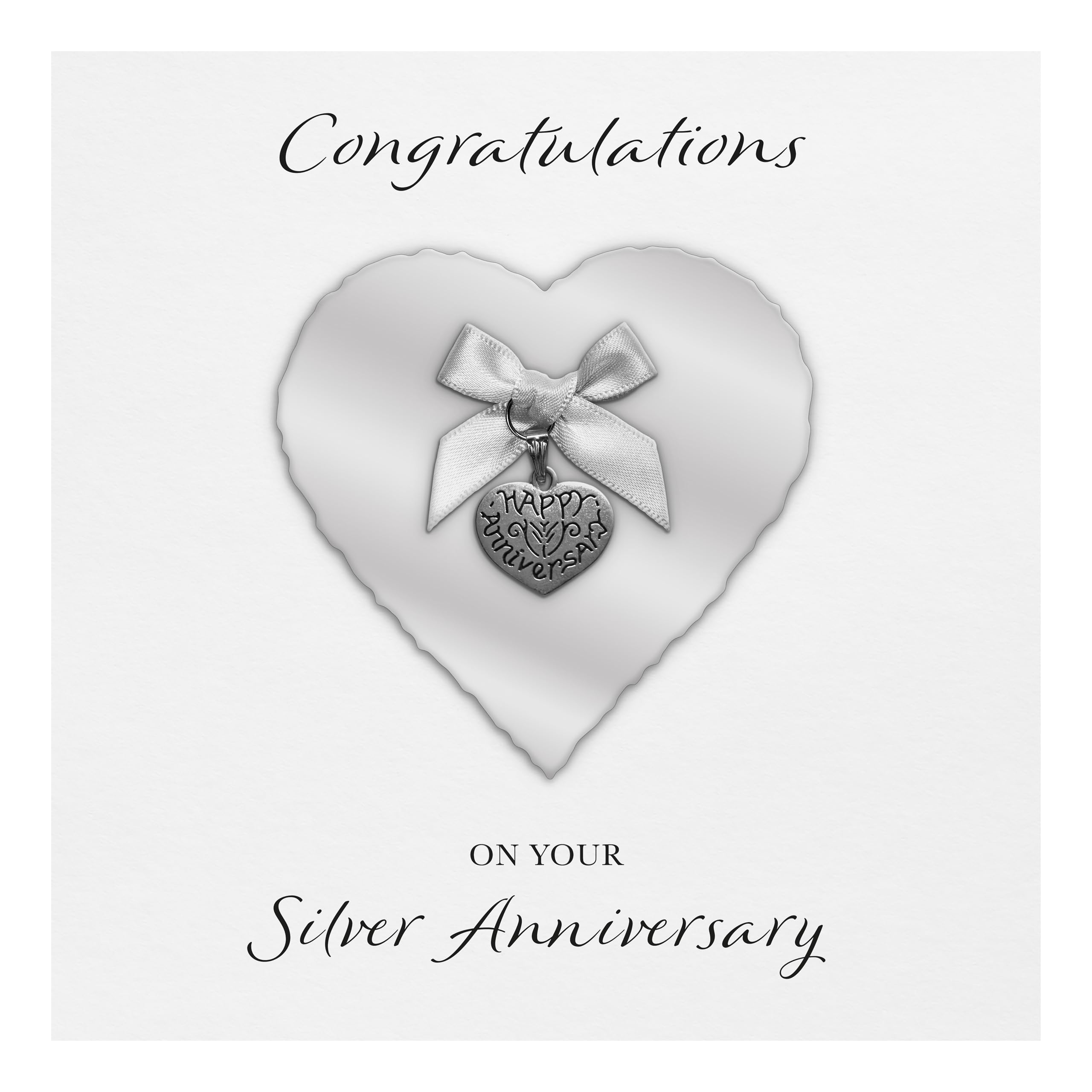 Silver 25th Anniversary Card "Heart Charm & Bow" - Handmade UK (Silver Heart/White Bow, White Cardstock)