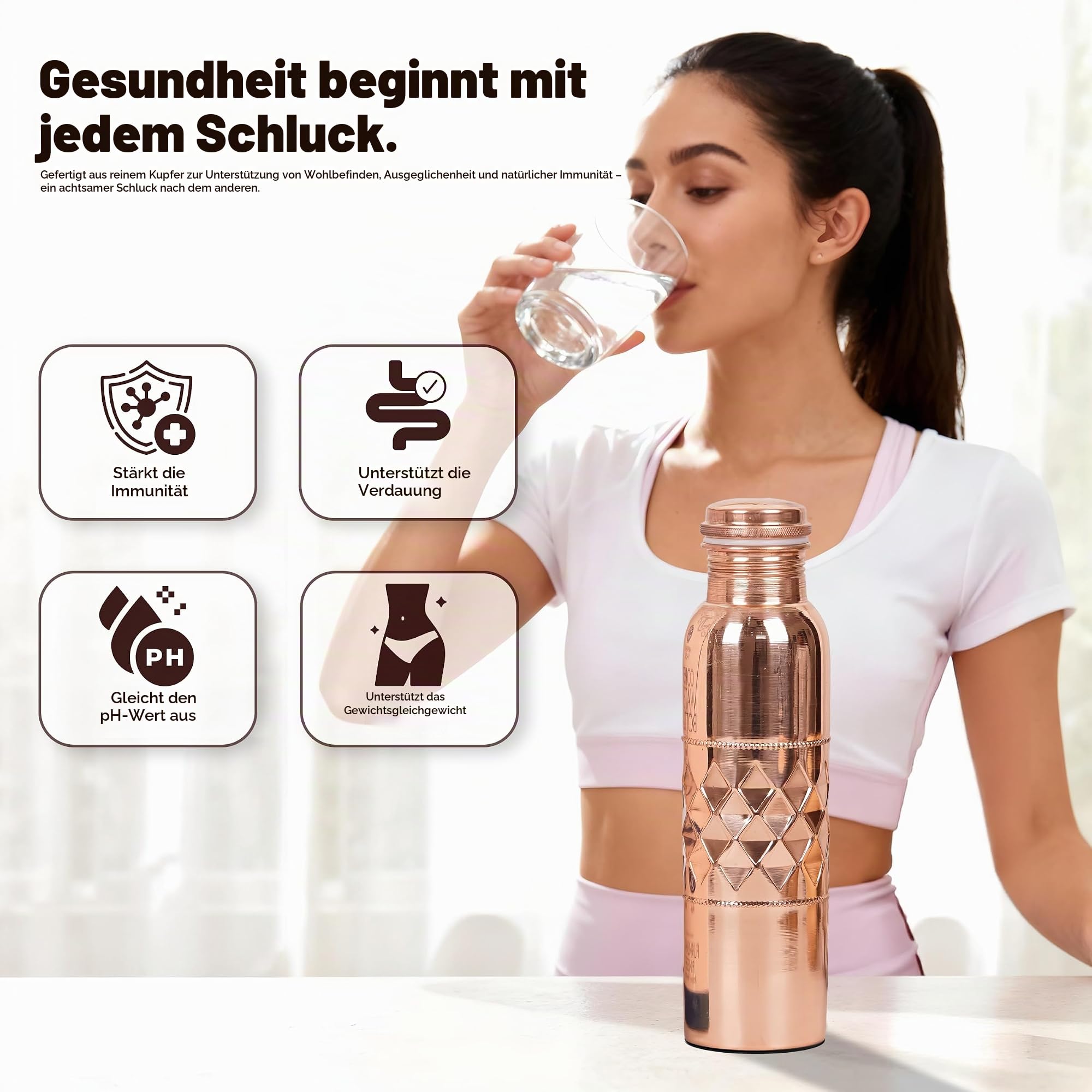Wasserflasche aus natürlichem Kupfer, ca. 1 Liter (34 oz) – Ayurvedische Flasche aus reinem Kupfer für Fitnessstudio, Büro, Wandern und Outdoor-Aktivitäten – 2 Stück