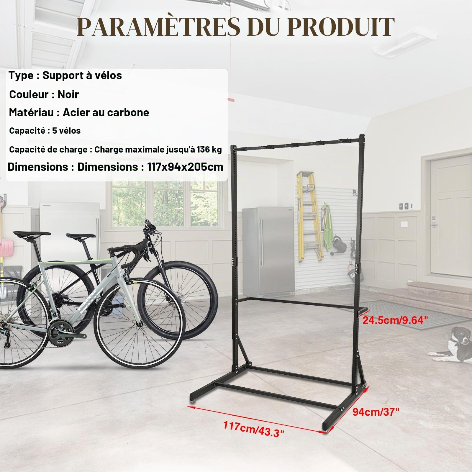Support de vélo autonome pour 5 vélos, 160 kg Support de vélo vertical avec 5 crochets pour vélos et 6 crochets pour casques, support de vélo en métal pour garage, cave, magasin de vélos