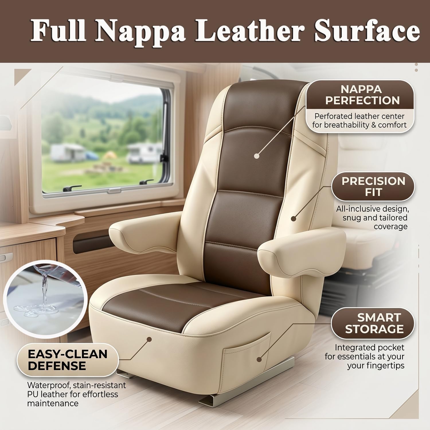 BeadChica Upgraded Full Leather RV Seat Covers for Captains Chairs Motorhome Camper Trailer Truck Seat Covers for Class-A RV Seat with Leather Arm Rest Covers (2 Pack)