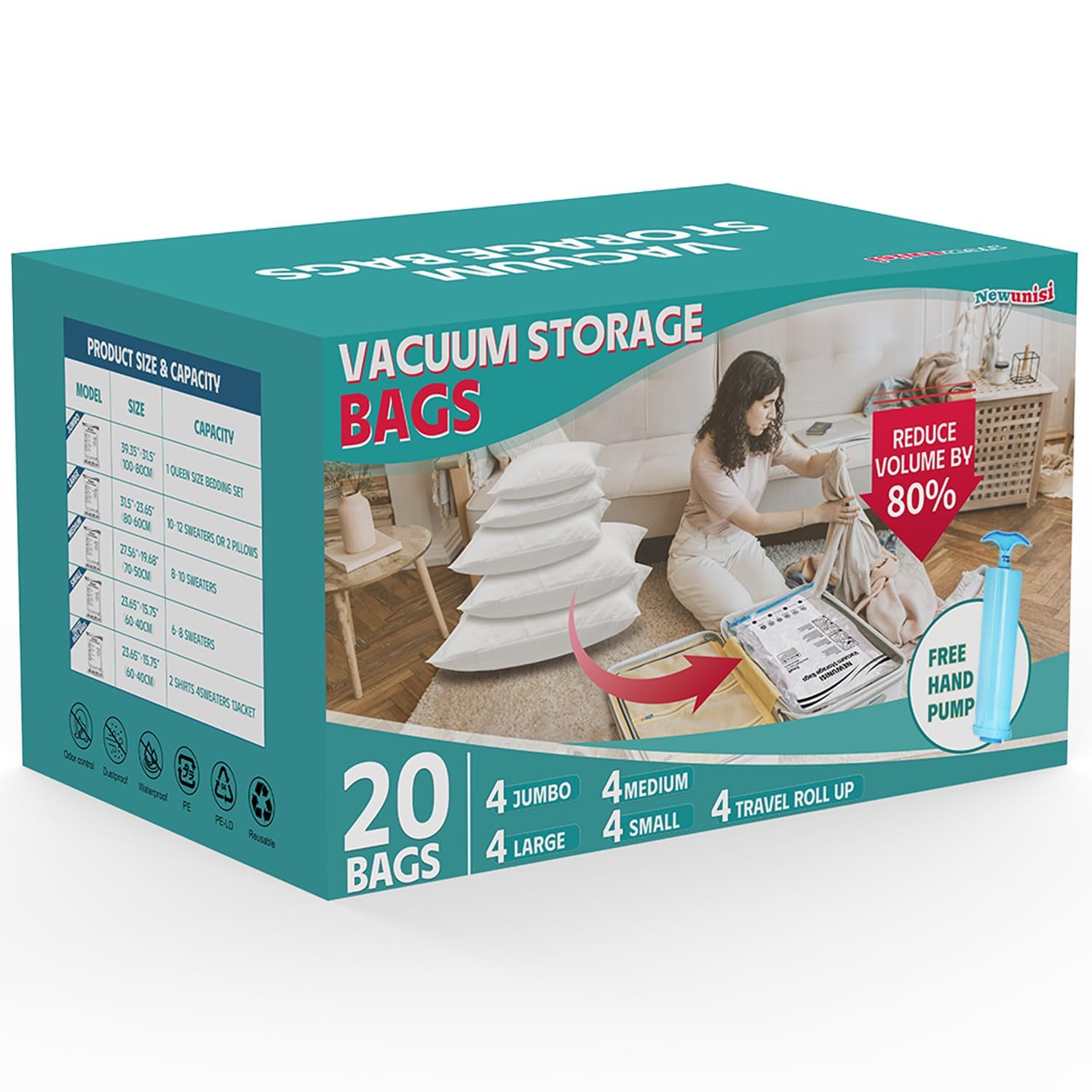 Paquete de 20 bolsas de almacenamiento al vacío, bolsas de sellado al vacío para ropa, edredones, mantas, bolsas de almacenamiento al vacío que ahorran espacio con bomba de mano. (4 jumbo, 4 grandes,