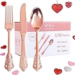 WDF 120Pieces Rose Gold Plastic Silverware - Heavy Duty Rose Gold Plastic Cutlery Set - Disposable Utensils - Flatware Includes 40 Forks, 40 Spoons, 40 Knives for Wedding, Valentines Day